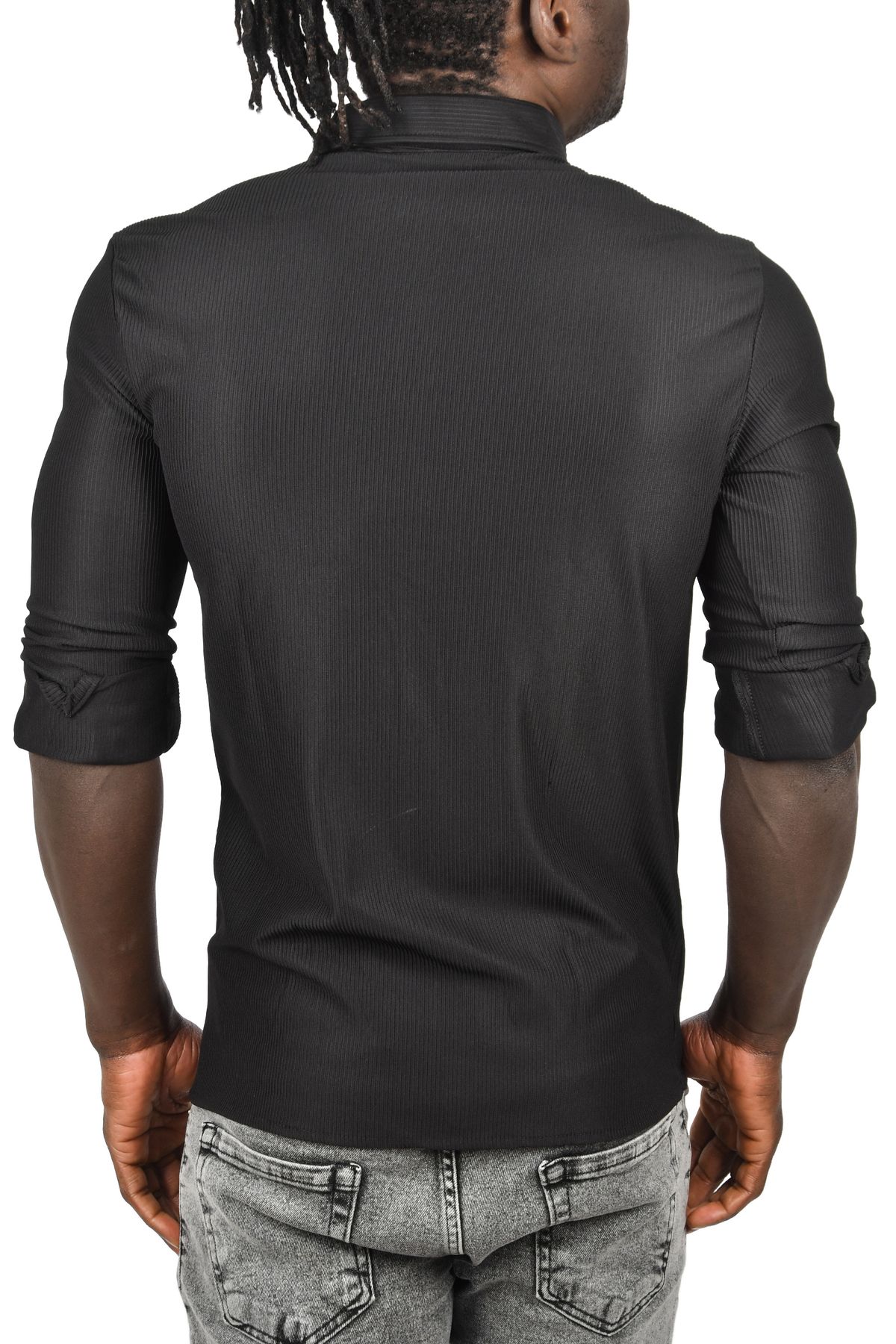 DeepSEA-Men's Black Lycra Fabric Ribbed Slim Fit Long Sleeve Shirt 2500805 5