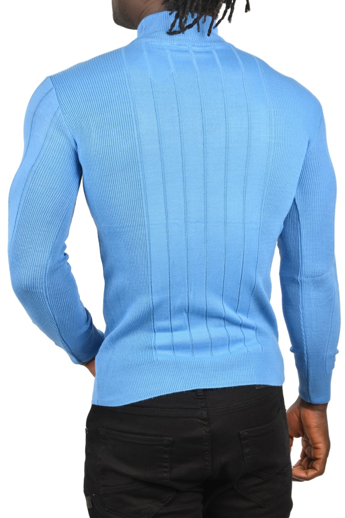 DeepSEA-Men's Blue Half Turtleneck Striped Non-Pilling Slim Fit Knitwear Sweater 2505491 6