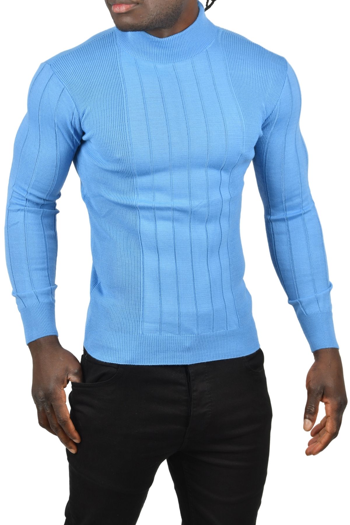 DeepSEA-Men's Blue Half Turtleneck Striped Non-Pilling Slim Fit Knitwear Sweater 2505491 5