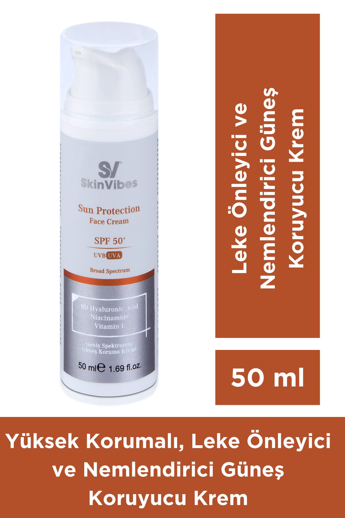 Skinvibes Yüksek Korumalı, Leke Önleyici ve Nemlendirici Güneş Koruyucu Krem SPF 50+, 50 ml