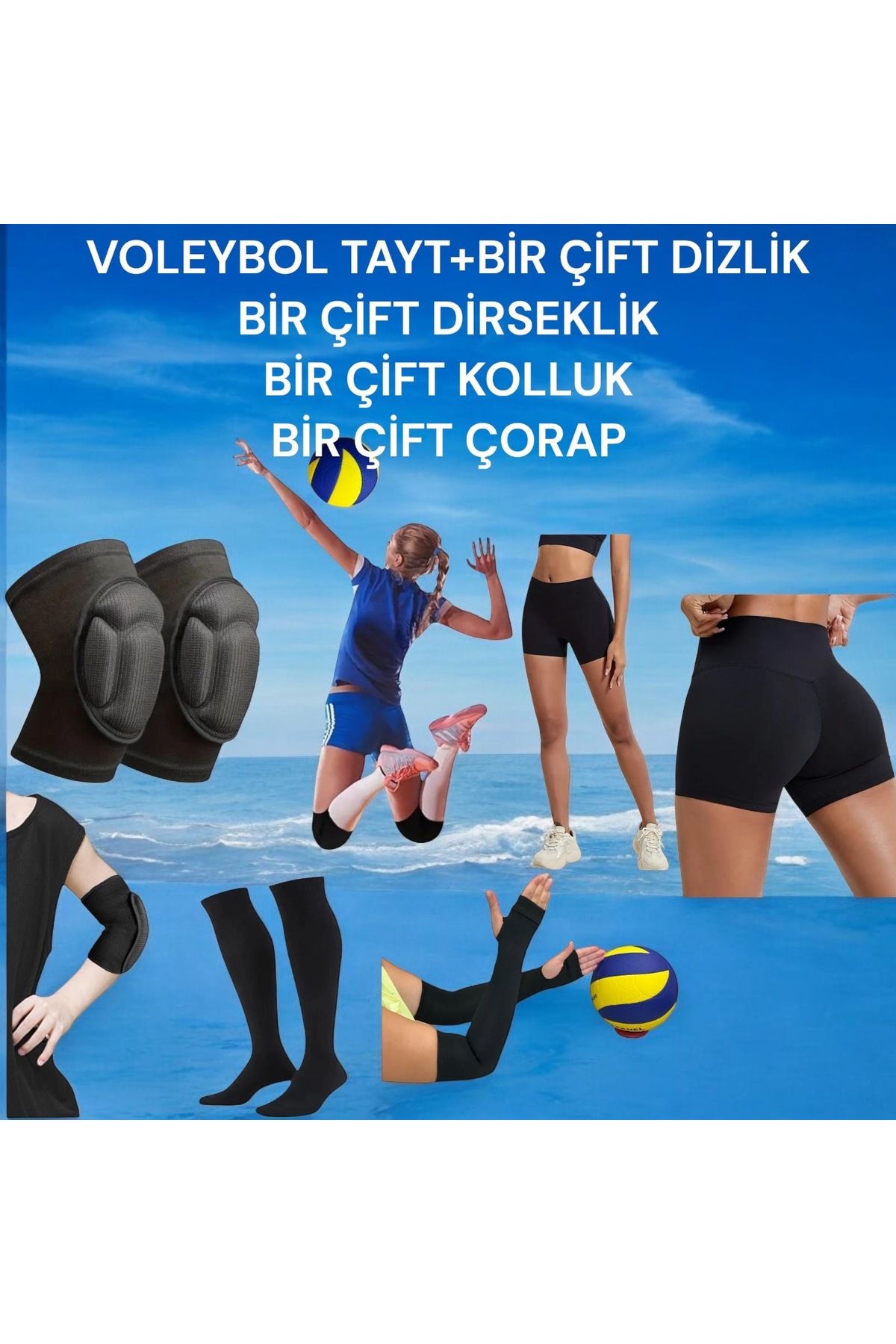 Gök Sports Voleybol Dizliği Voleybol Dirsekliği Voleybol Elliği Voleybol Taytı Voleybol Çorabı 9 Parça Set