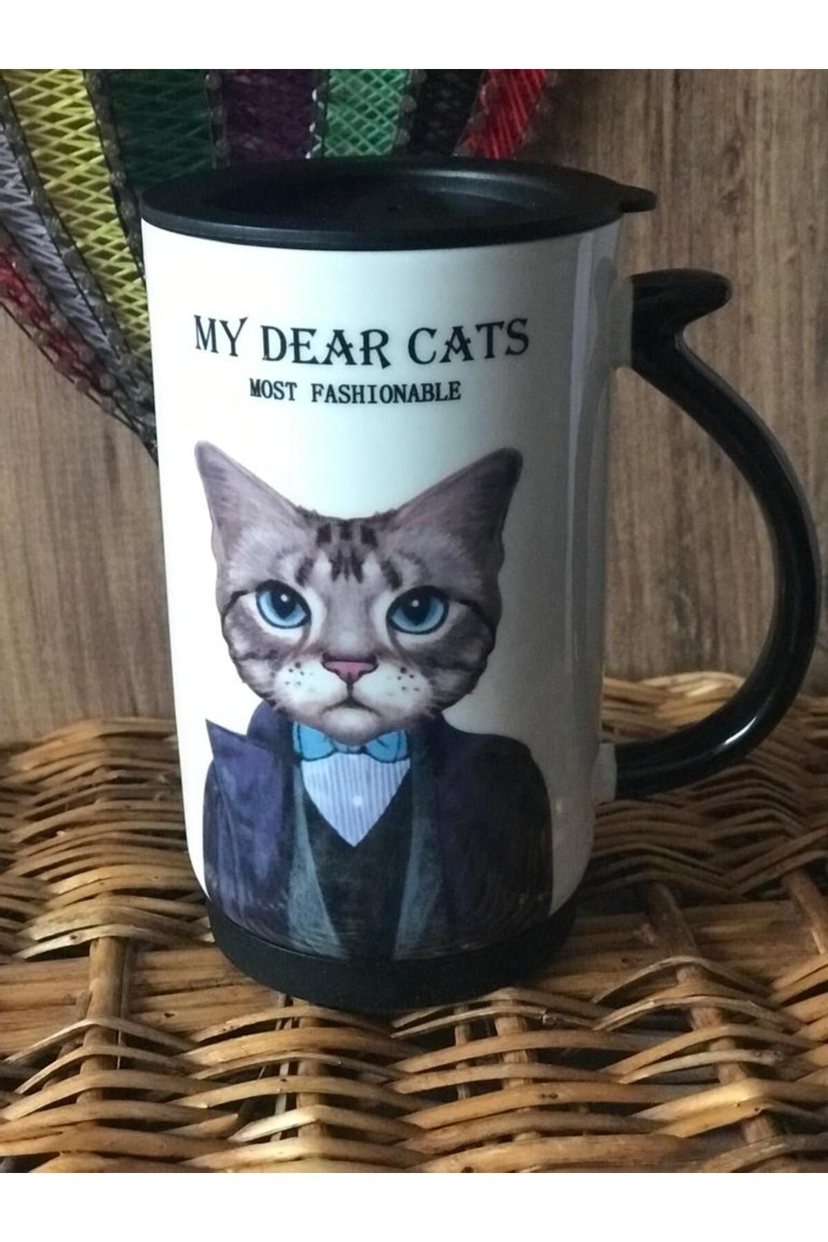 ZİPHİDA Kedi Tasarımlı Çay Kahve Seramik Kupa Termos Mug