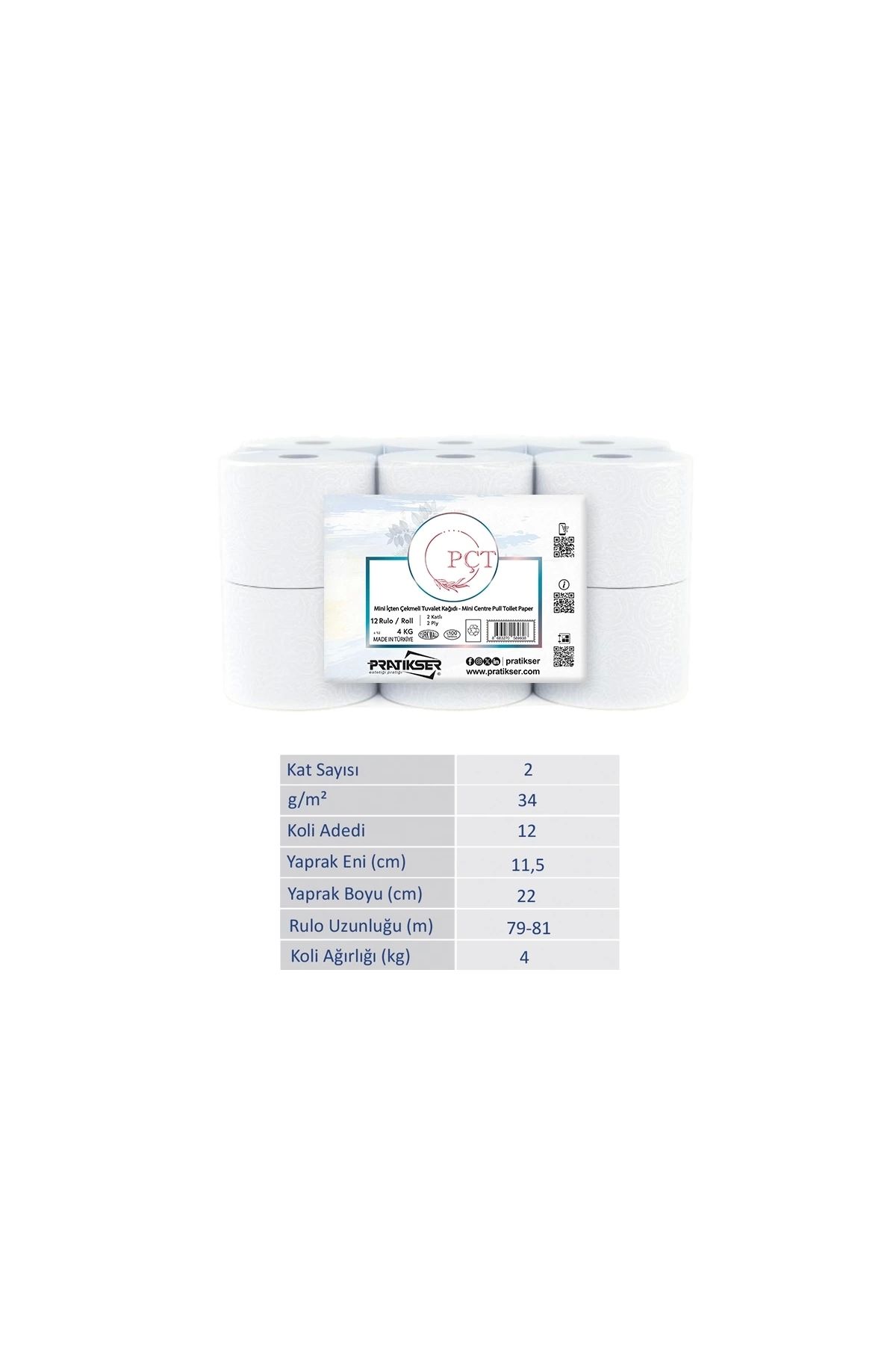 PCT PÇT - Mini İçten Çekmeli Tuvalet Kağıdı - 2Ply - 4 Kg/12 Rulo