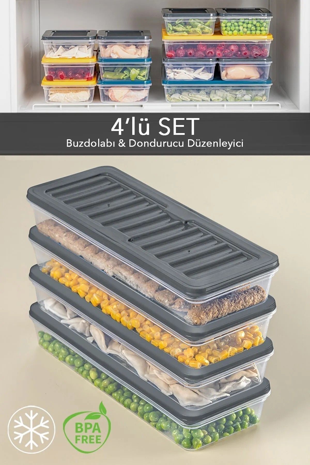 Flash Bazaar-Anthracite 4-Piece Refrigerator Organizer - Suitable for Microwave and Freeze, 1170 ml Storage Container 1