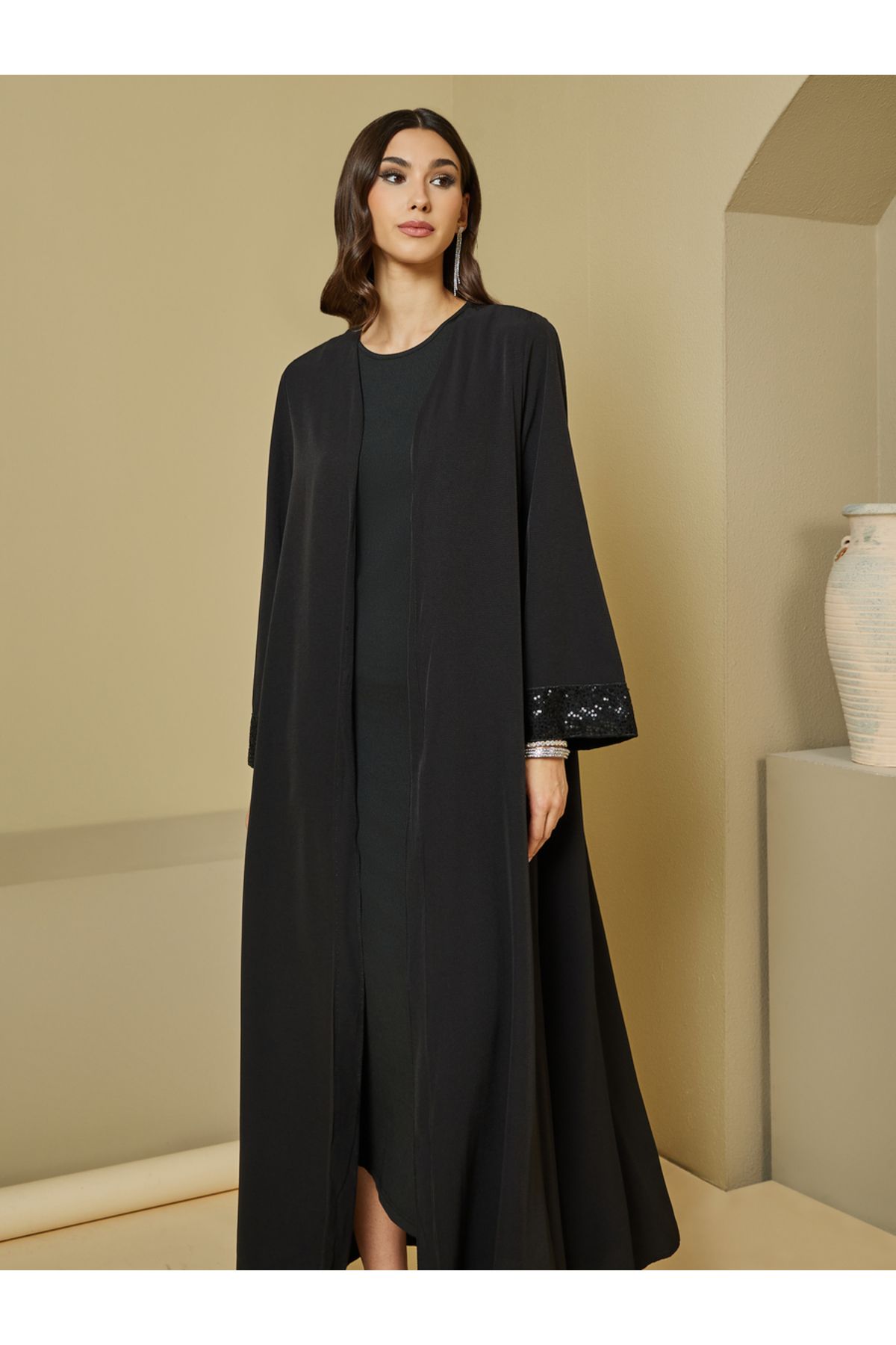 Styli-Sequins Trim on Sleeves Cuff Front Open Abaya 2