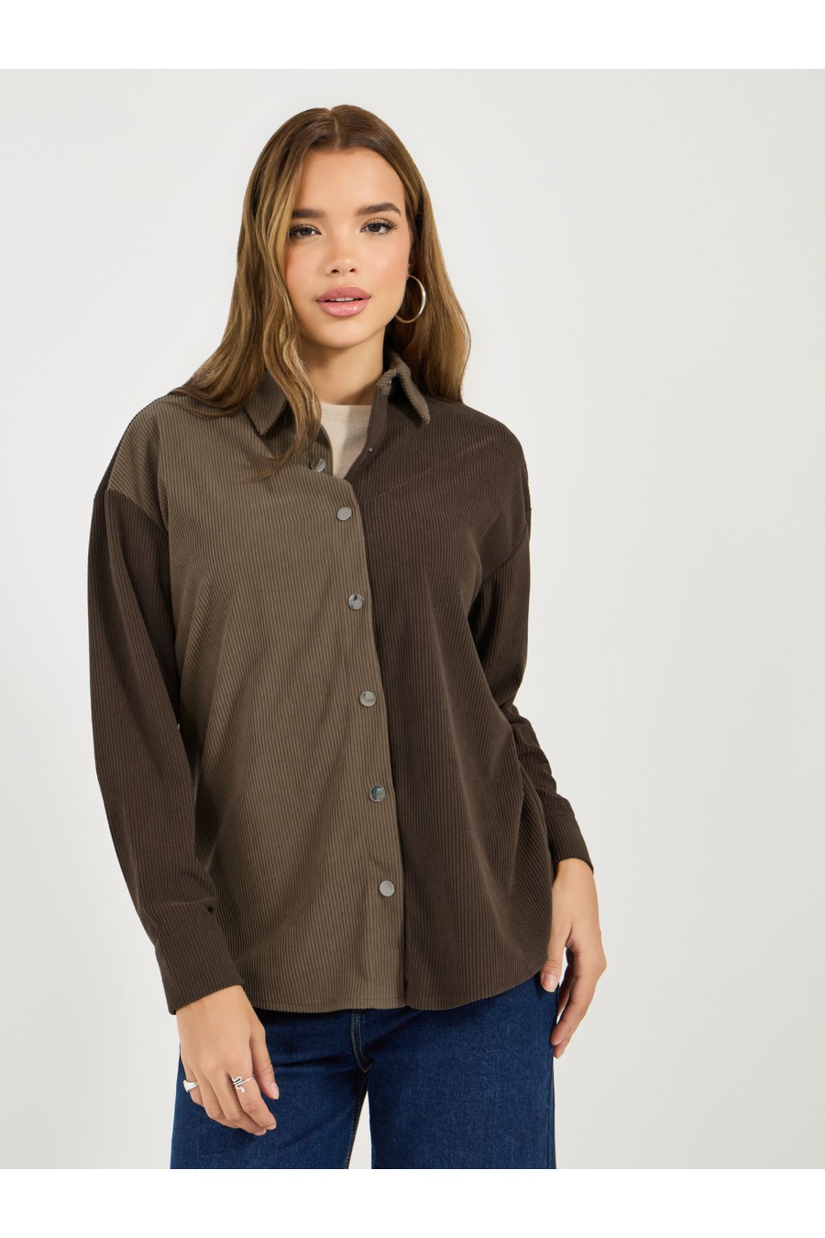 Styli-Oversized Color Block Corduroy Button Up Shirt 1