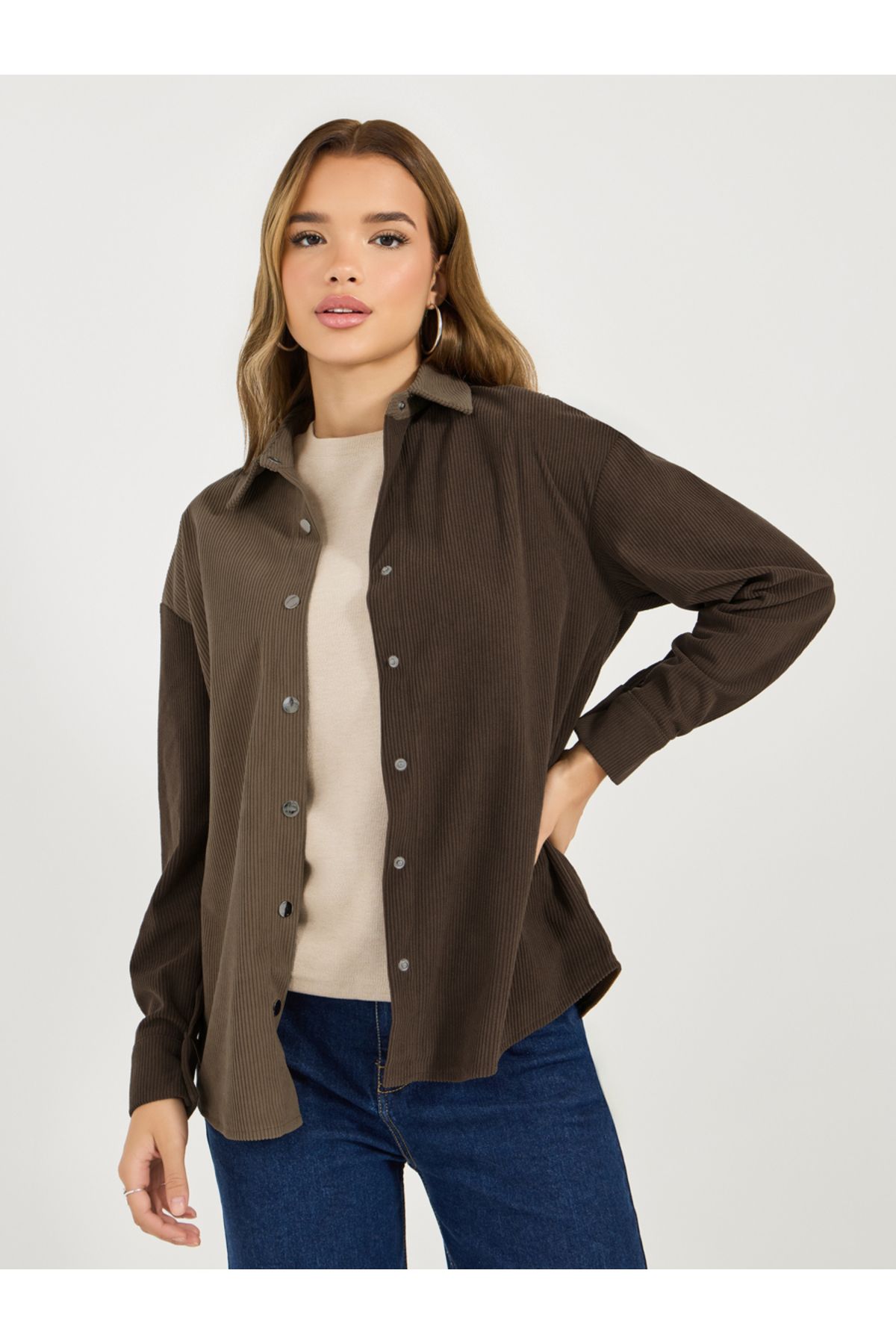 Styli-Oversized Color Block Corduroy Button Up Shirt 3