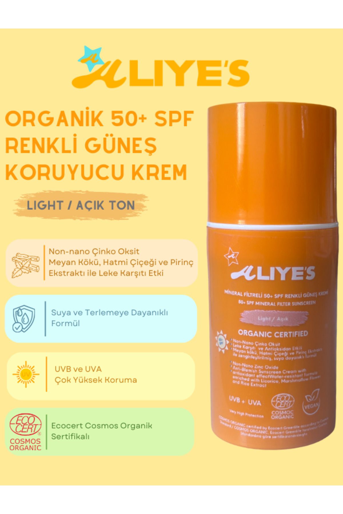 A Aliye's Organik 50 Spf Mineral Filtreli Renkli Güneş Kremi - Light / Açık Ton