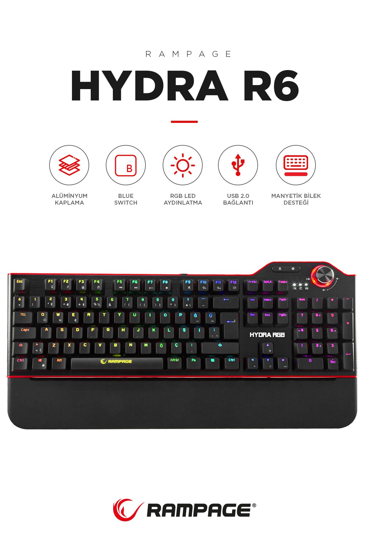 Rampage Hydra R6 Full Color Rgb Led Gaming Pro Red Switch Q Aluminyum Kaplama Multimedia Mekanik Klavye-1