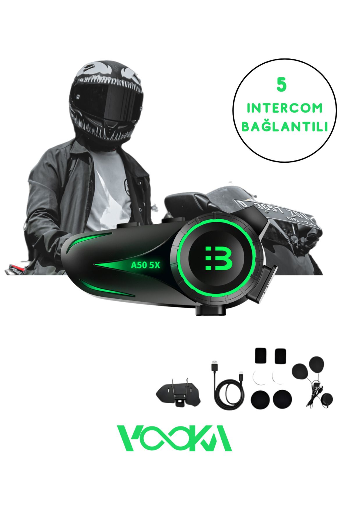 VOOKA Intercom 5 Intercom Bağlantılı Su Geçirmez Motosiklet Kask Bluetooth 5.3 Intercom 1.000mah A505x