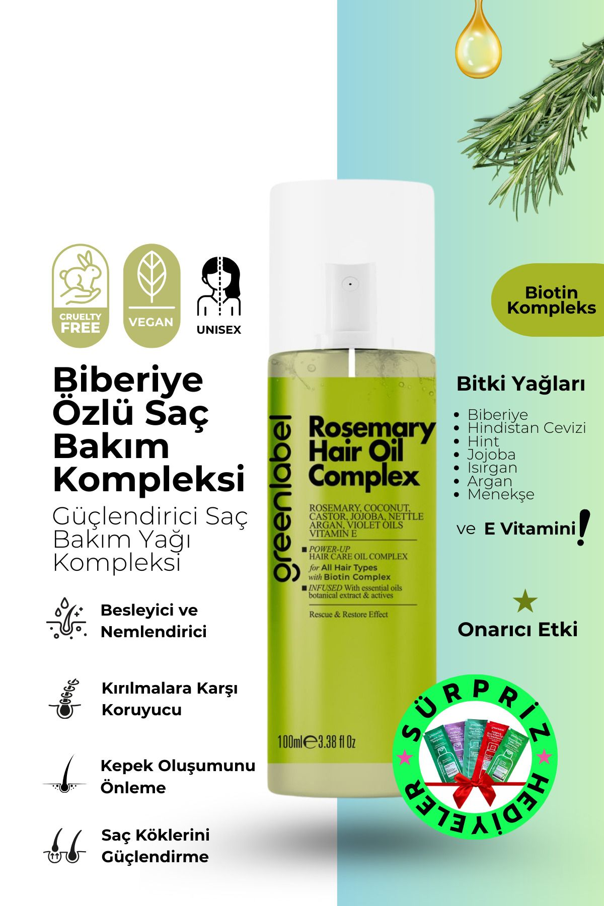 Green Label Biberiye, Hindistan Cevizi Argan ve Isırgan Yağı ile Zenginleştirilmiş Biberiye Saç Bakım Yağı 100ml-1