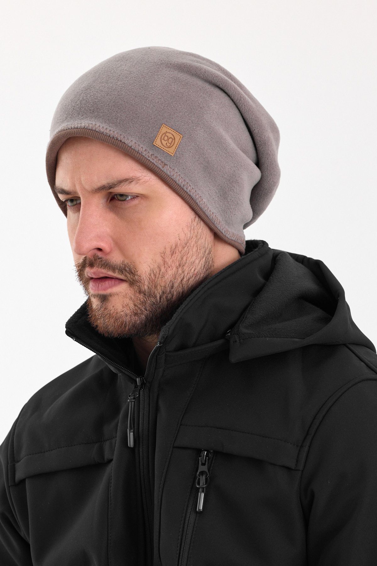 Butikgiz-Men's Gray Fleece Outer, Brown Cotton Inside, Double Color Double Layer Foldable Soft Beanie 2
