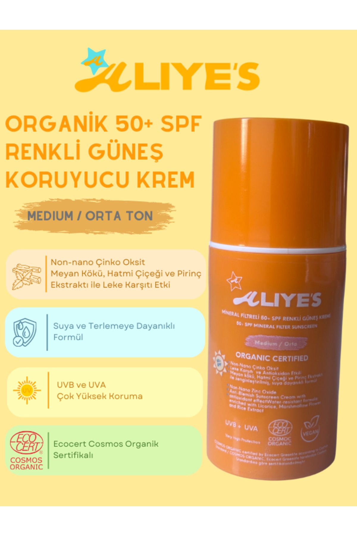 A Aliye's Organik 50+ SPF Mineral Filtreli Renkli Güneş Koruyucu Krem - Medium / Orta Ton