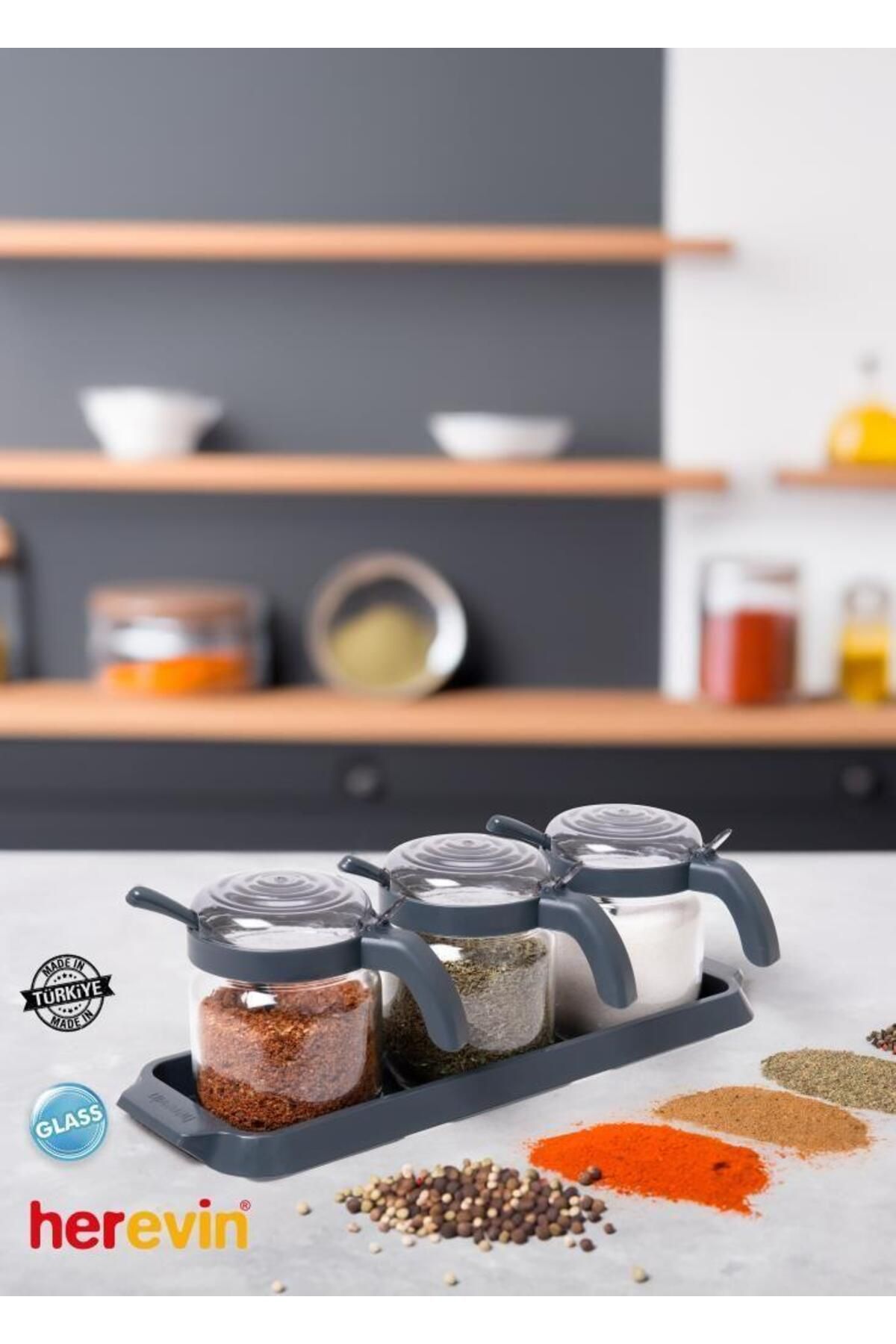 ظرف روغن خاکستری جدول 3x425 سی با مجموعه قاشق غذاخوری ادویه جات ترشی Herevin