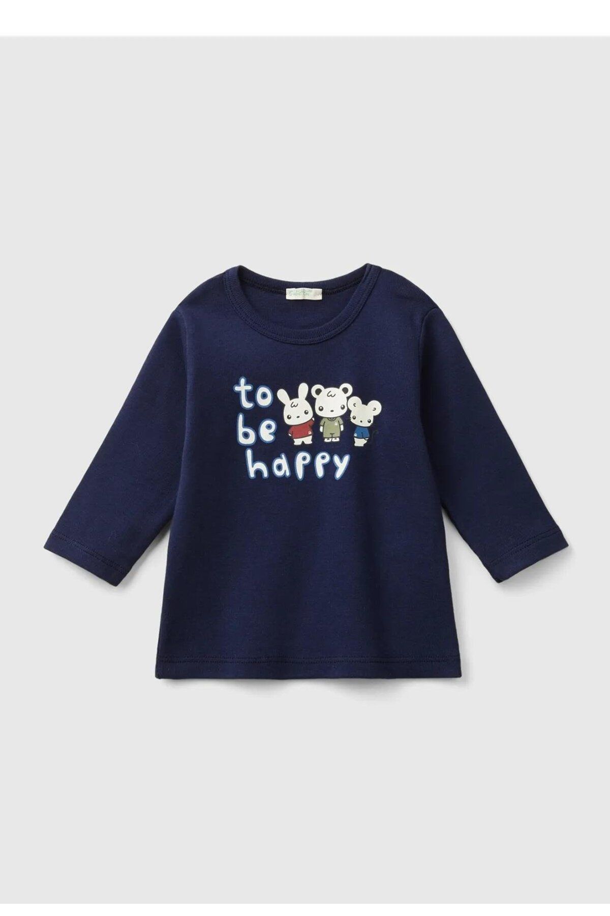 United Colors of Benetton-Navy Blue Baby T-shirt - Water Print, Crew Neck, Long Sleeve 1