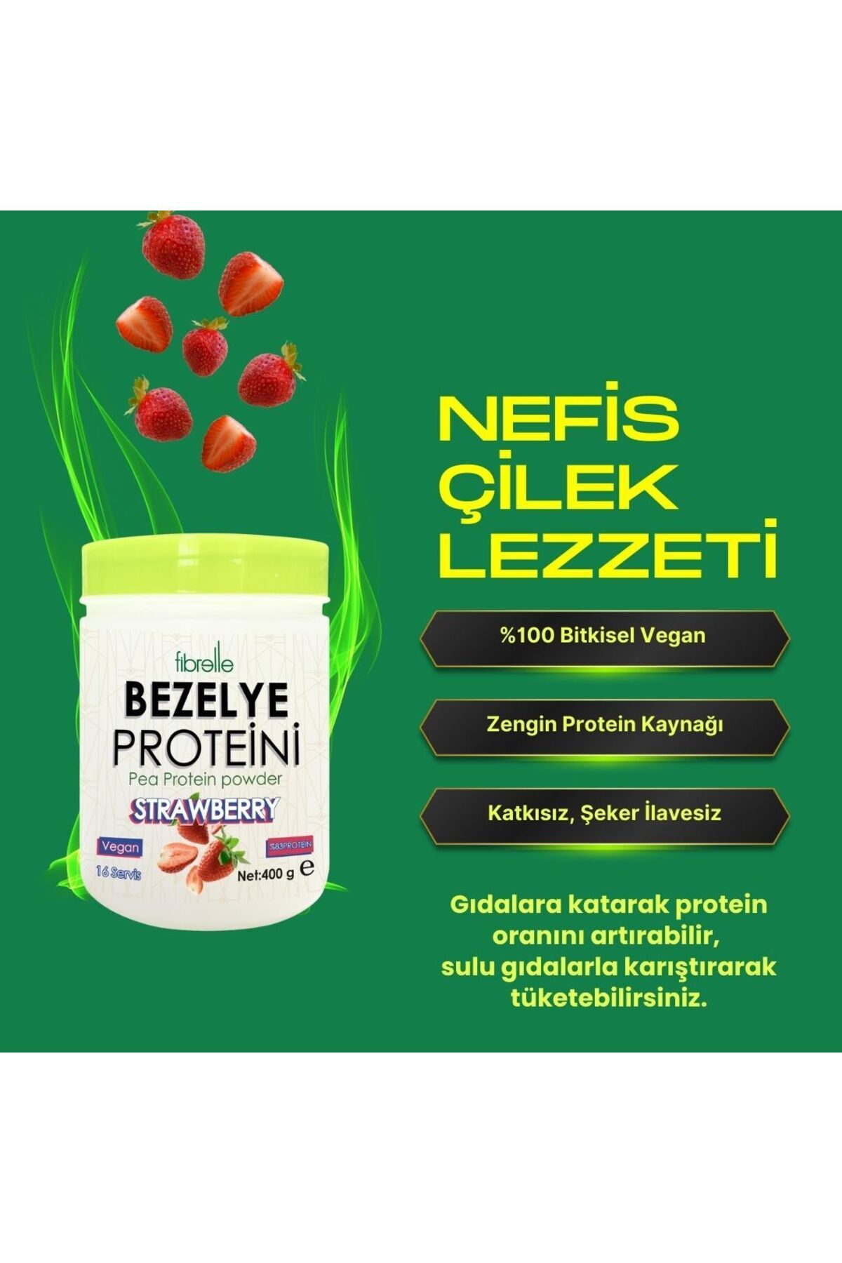 Fibrelle Pea Protein - Strawberry / Bezelye Proteini Çilek Aromalı / Yüksek Protein Oranı-4