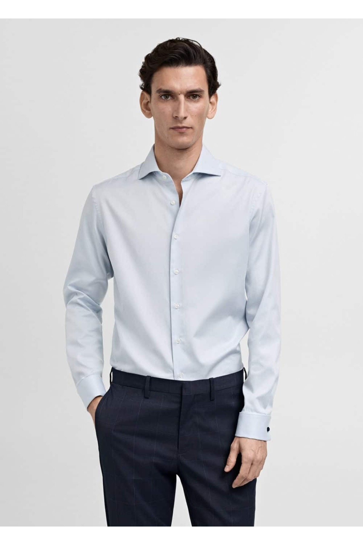 Kol düğmeli slim fit dimi kumaş gömlek