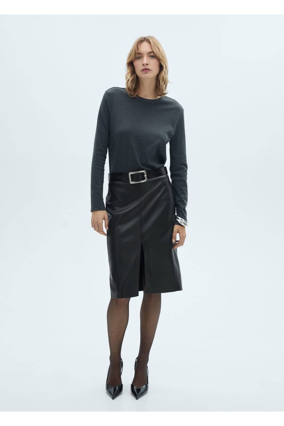 MANGO Woman-Leather look pencil skirt 2