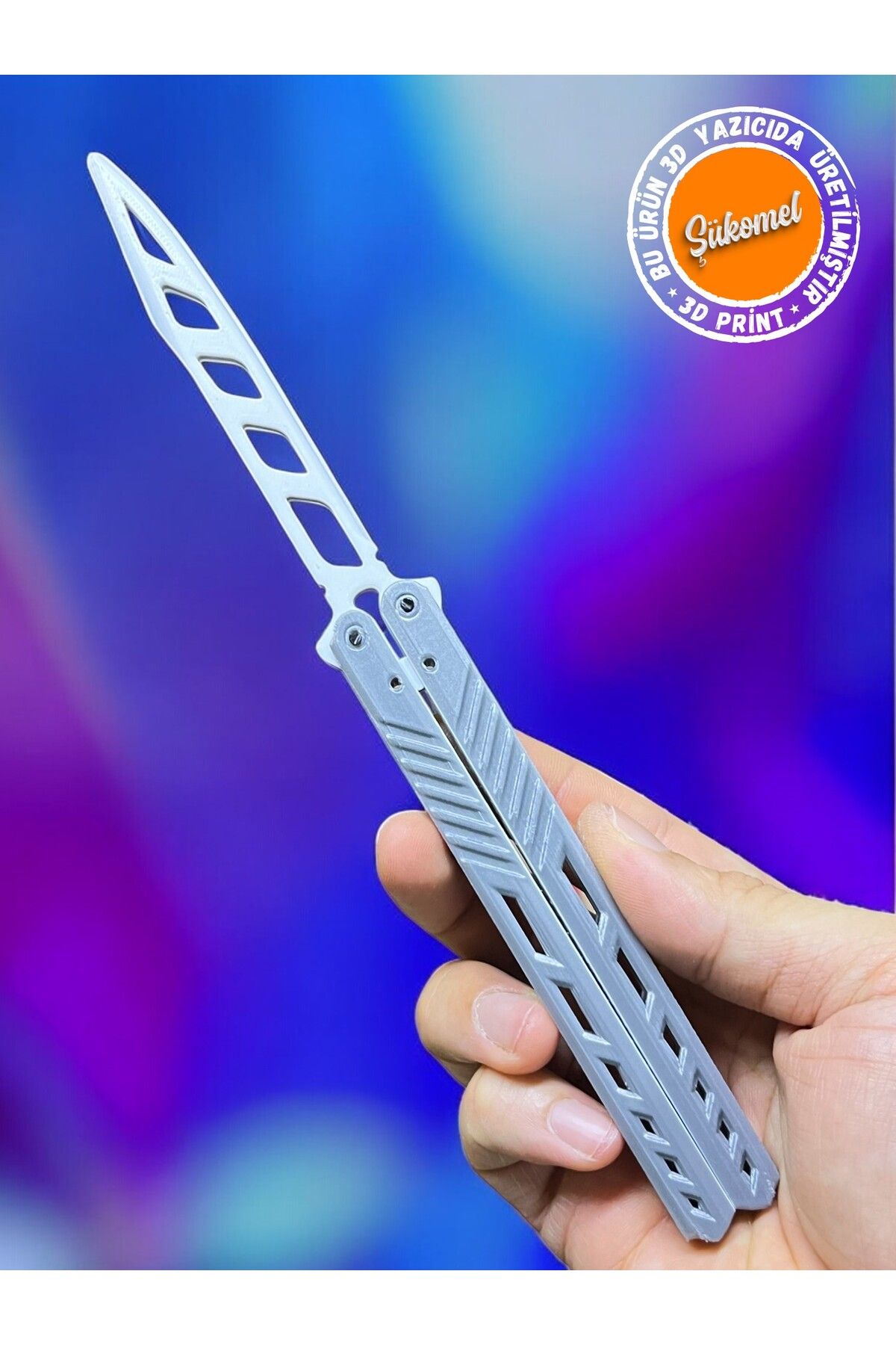 Dummy13 Kelebek Antrenman Bıçağı Beyaz Motifli Gri Renk Butterfly Knife Plastik