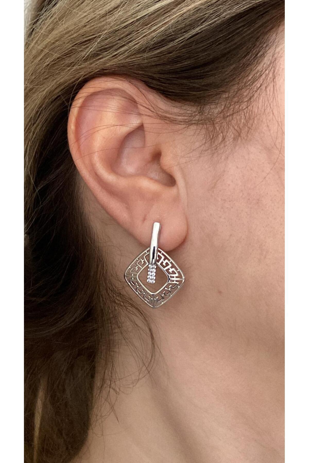 zec aksesuar-Square Shape Self Patterned Stylish Silver Color Earring 4