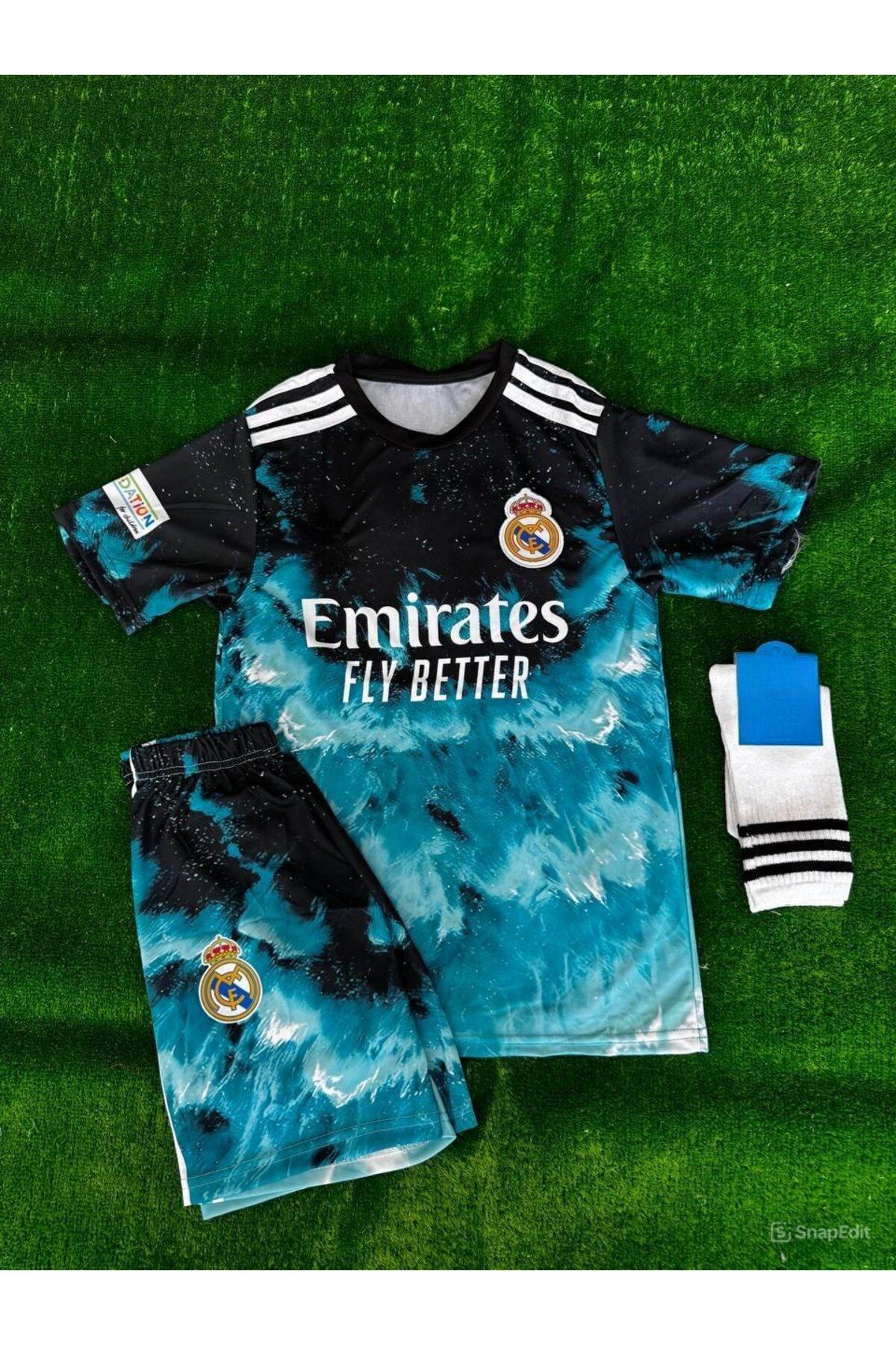 kombinezyum-Cristiano Ronaldo Cr7 Blue Wavy 3-Piece Team - Custom Design Kids Football Shirt 2