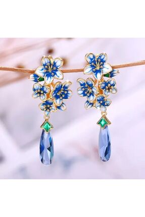 reyselstyle ALTIN KAPLAMA MİNELİ MAVİ KRİSTAL TAŞLI KÜPE