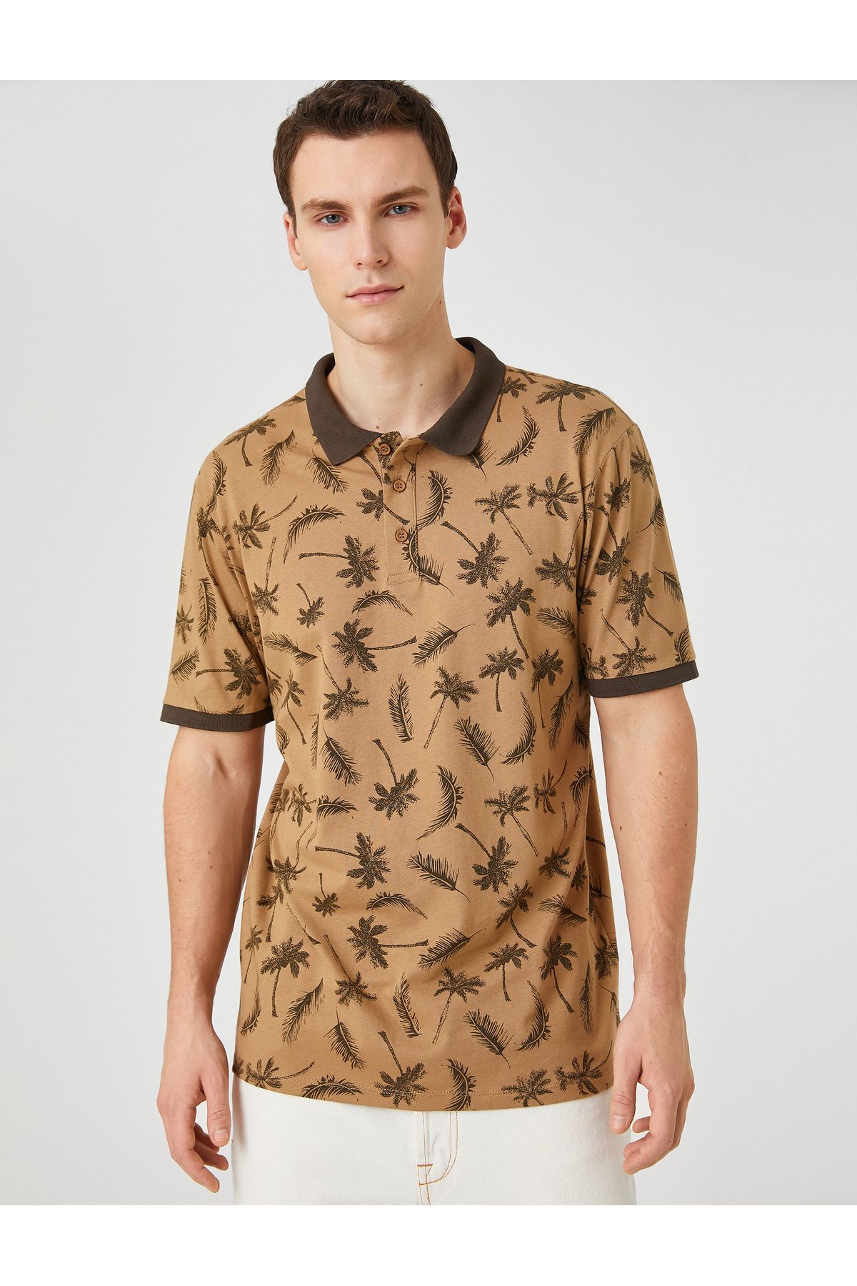 Koton-Polo Neck T-Shirt Palm Tree Printed Short Sleeve Slim Fit 3