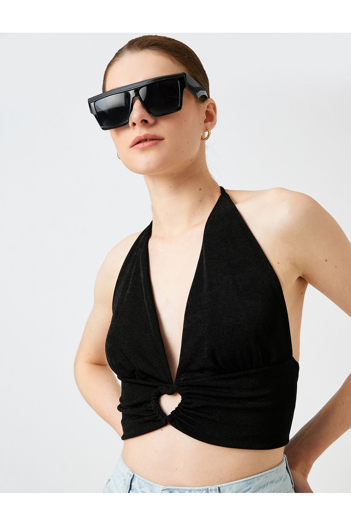 Koton Krótki Top Typu Tank Top Z Dekoltem W Kształcie Wiązanym Na Szyi, Szczegółowy Kobieta - XL
