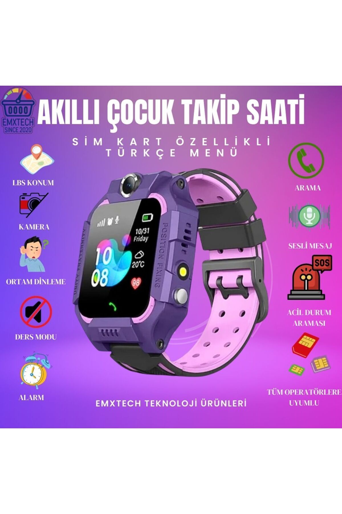 EMXTECH Sim Kartlı Akıllı Çocuk Takip Saati Arama-LBS Konum Takip-Anlık Resim Alma-Gizli Dinleme