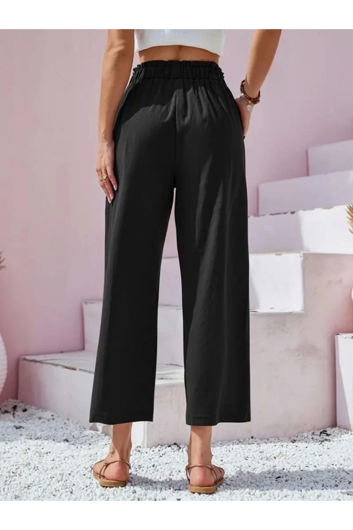 SaklıModa-Women's Waist Drawstring and Button Detail Short Wide Leg Linen Trousers 3