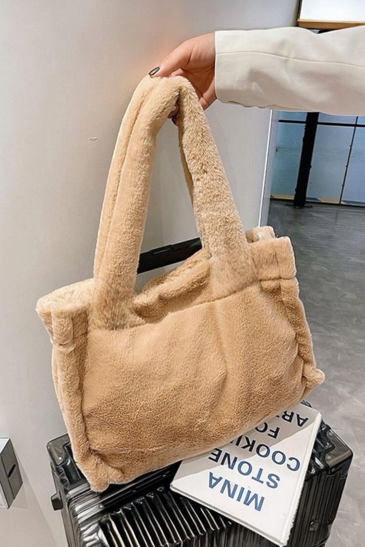 BAHELS Peluş Camel Yumuşak Dokulu Tote Omuz Çantası