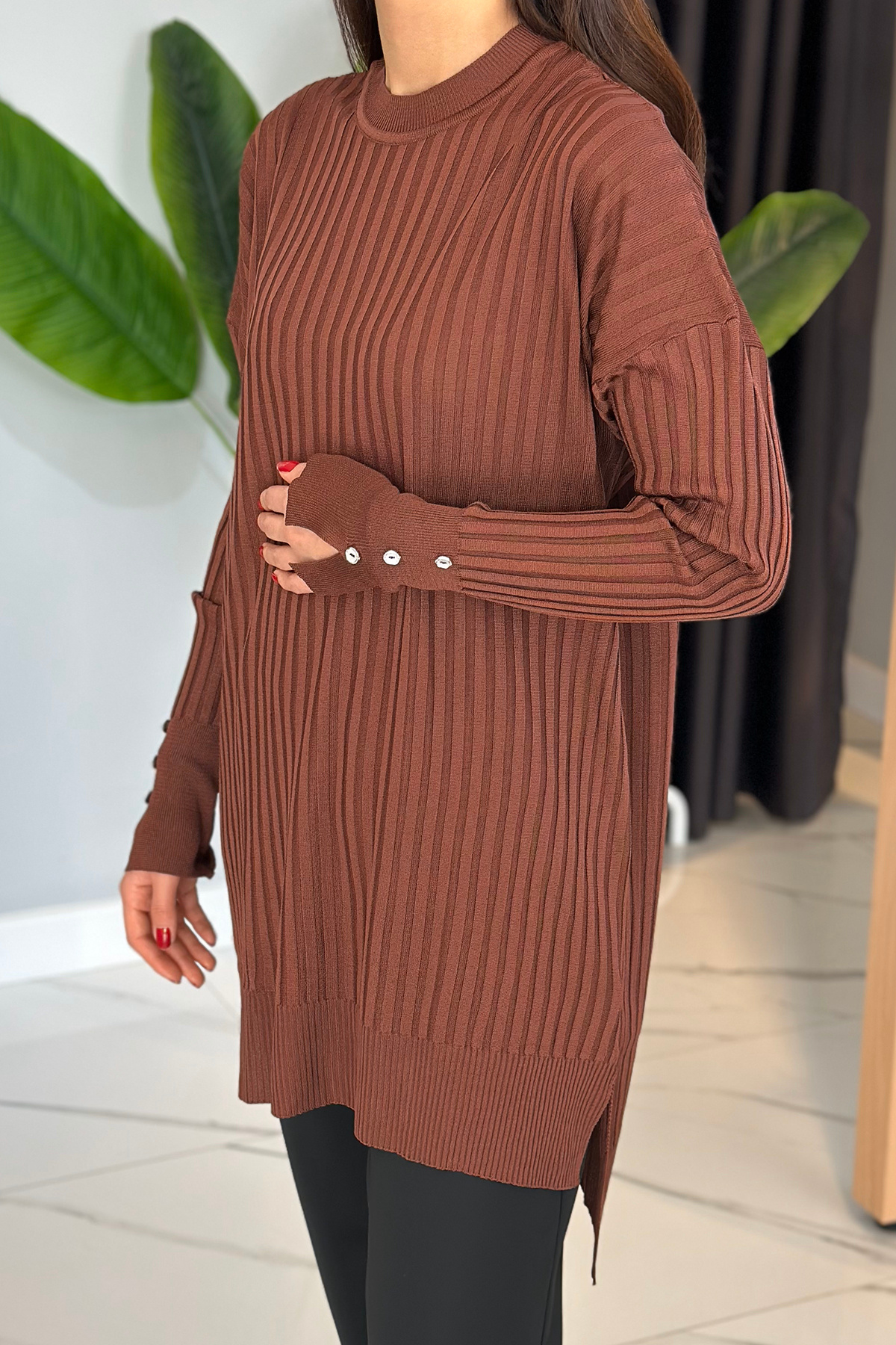 REMSA-Slit Detailed Ribbed Knitwear Tunic 34121 Brown 2