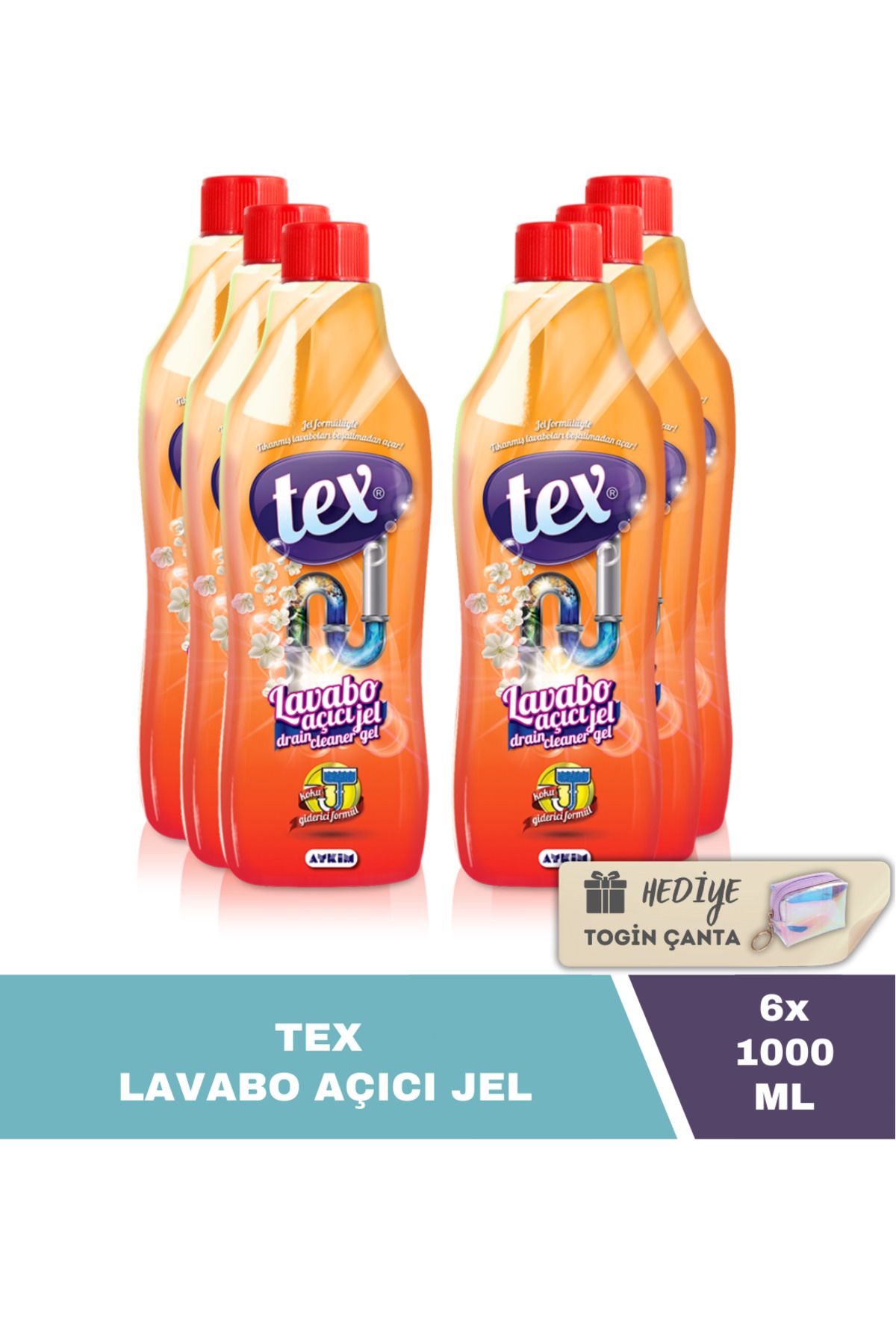 Tex Lavabo Açıcı Jel 1000 ML X6 Adet +  Togin Çanta