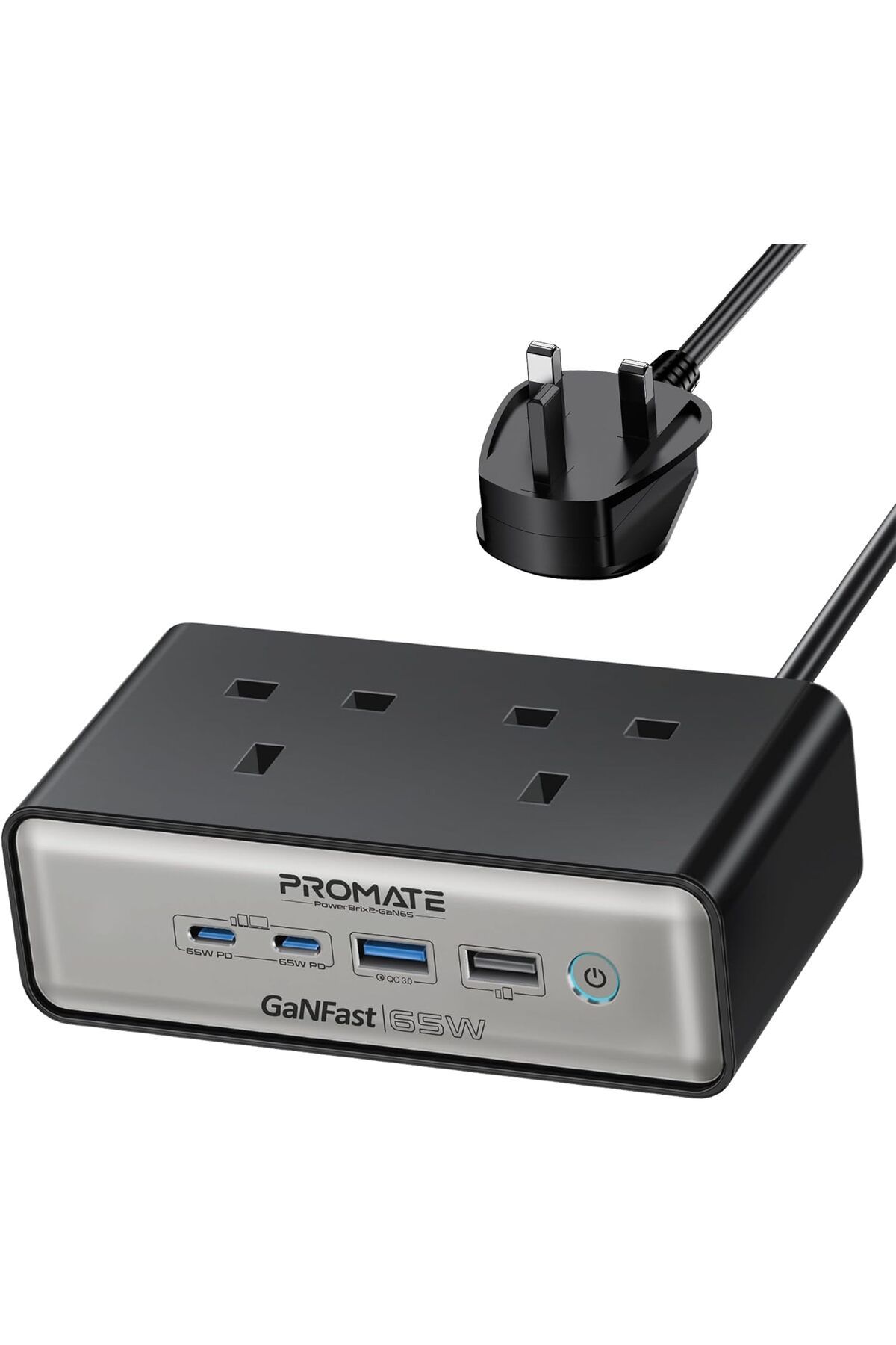 Promate-Charging Station, 6-in-1 Multi-Port 65W GaNFast Power Extension with Dual 3250W AC Sockets, 1