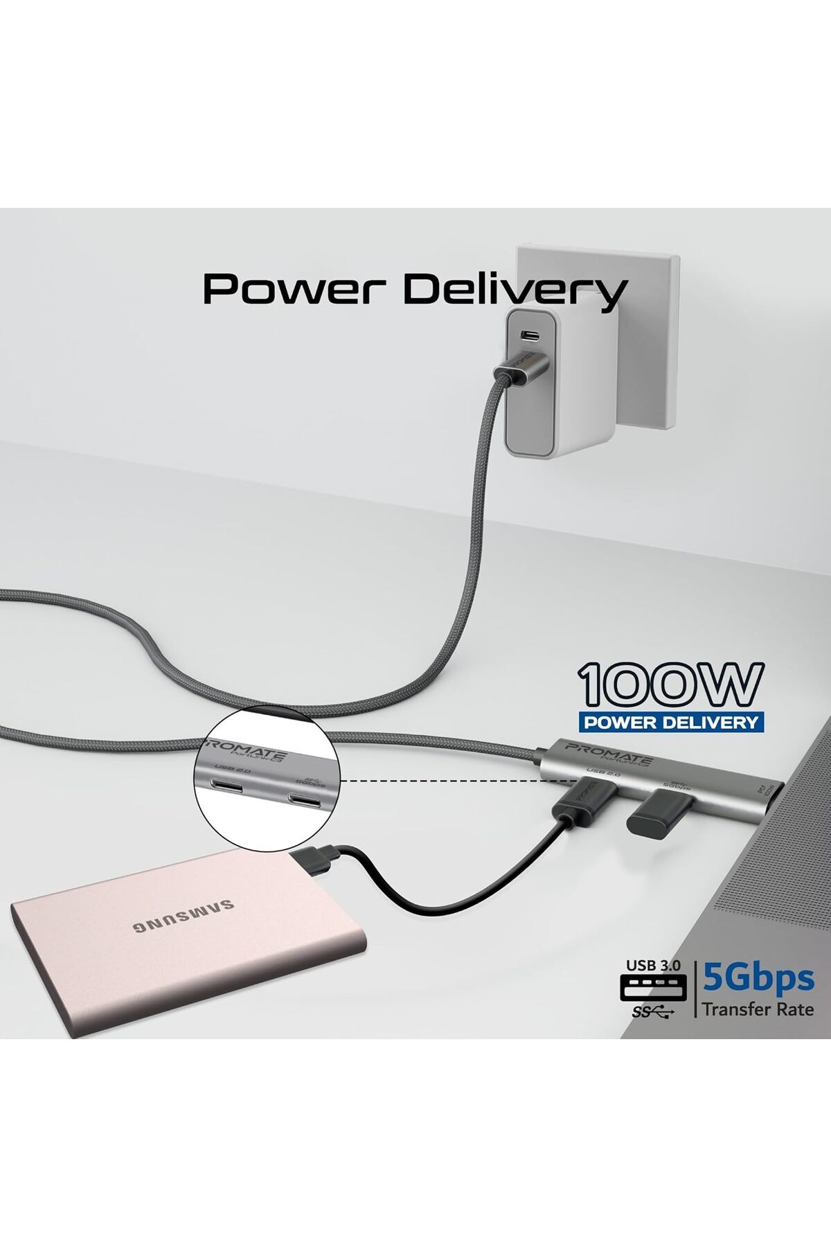 Promate-كابل 3 في 1 من النوع C مع موصل USB-C شحن 100 وات، نقل سريع للبيانات، شحن فعال 4