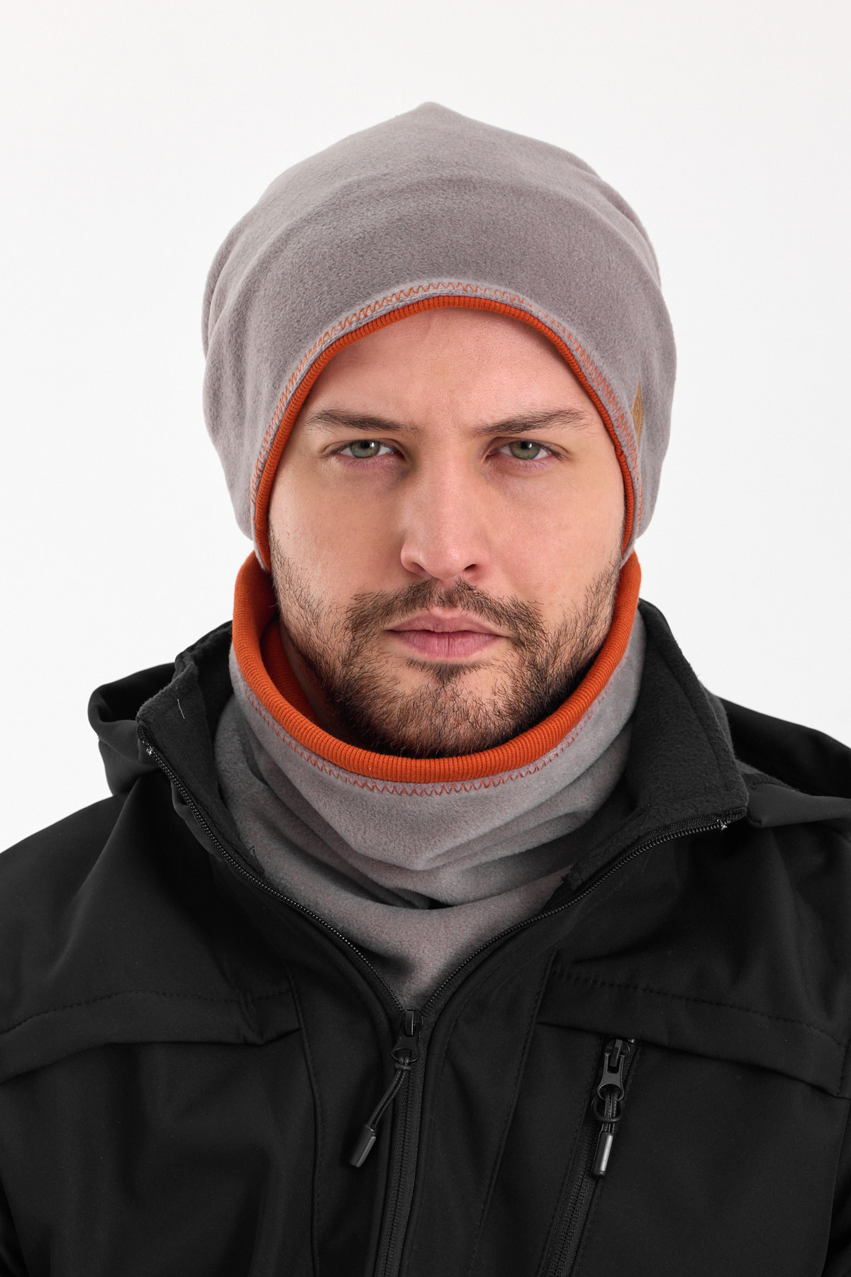 Butikgiz Erkek Gri Polar Dış, Kiremit Pamuklu İç Kısım Çift Renk Çift Katman Katlanabilir Bere Boyunluk Takım görsel 2