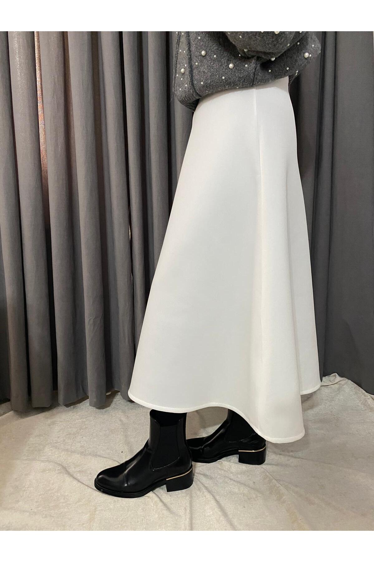 Genel Markalar  Kadın Beyaz Scuba Puf Kumaş Kloş Tesettür Ve Günlük Etek Boy:94-95cm (KEMERİ LASTİKLİDİR) - Görsel 3