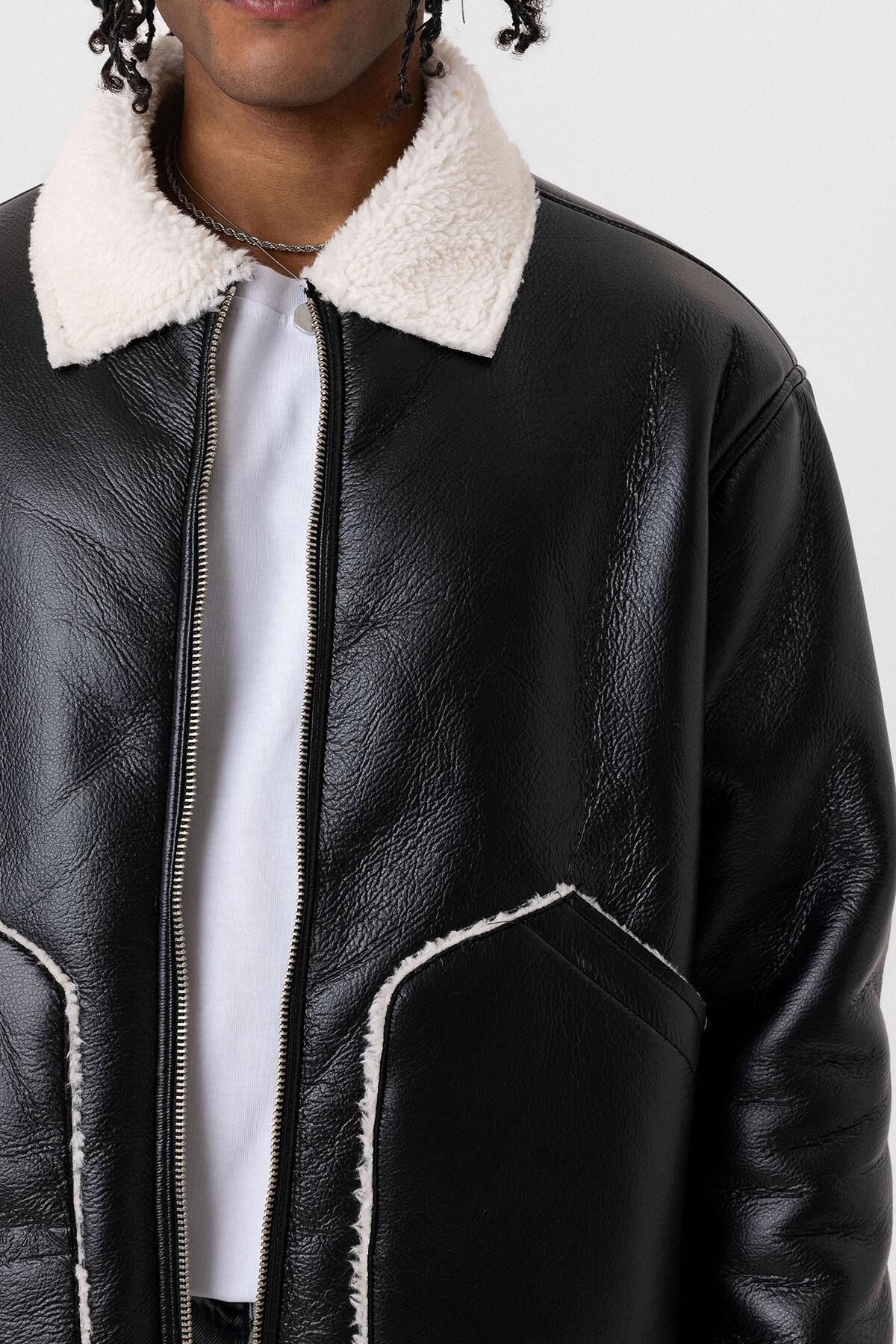 VAMOSCLO-JACHETĂ OVERSIZE CU BLANĂ INTERIOR PIELE UMĂRITĂ NEGRU/EKRU 5