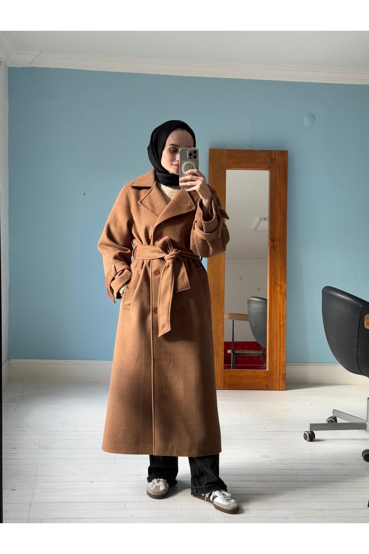 Mevra-Long Brown Textured Cashmere Coat 2