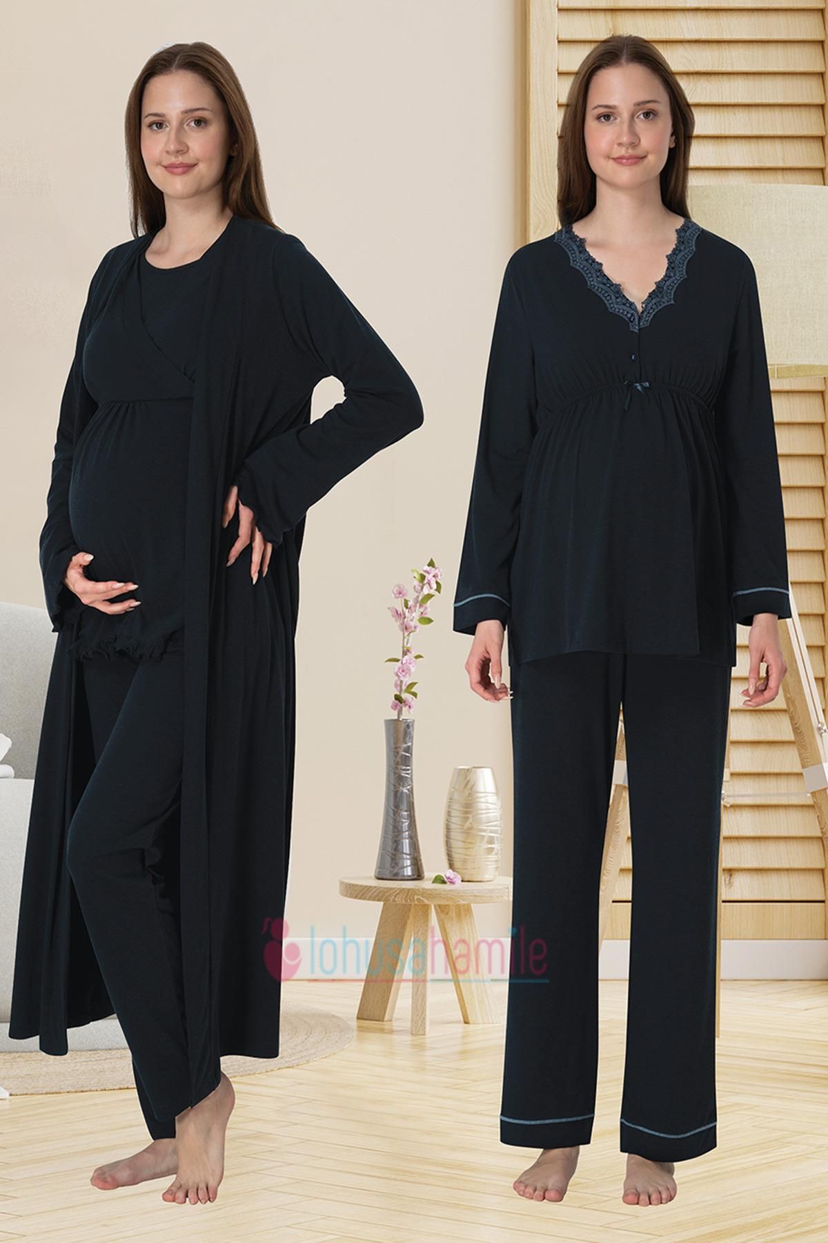 lohusahamile Set Pijama De Maternitate Cu Detaliu Din Dantela Albastru Bleumarin Femeie - S