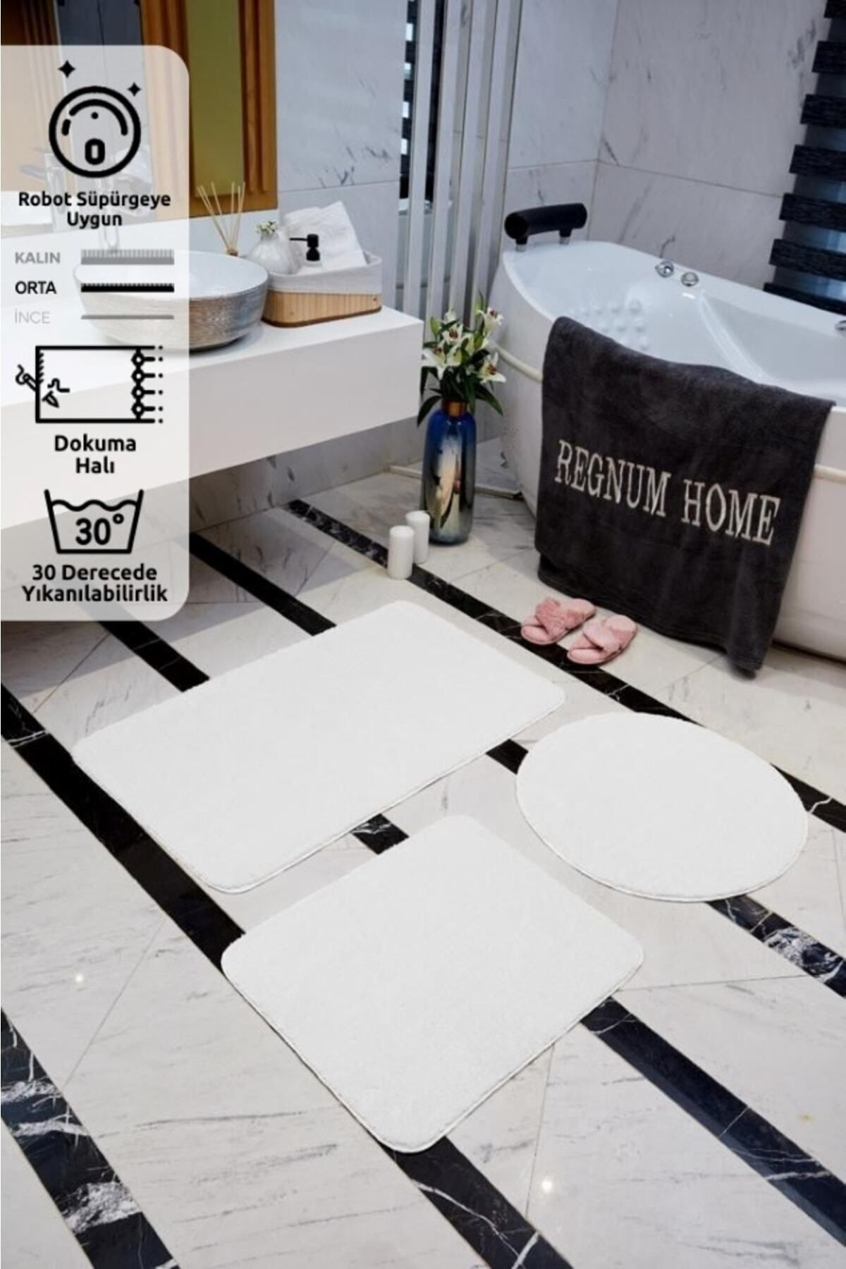 Regnum Halı Banyo Paspası Üçlü Takım Beyaz Renk Peluş Kaymaz Taban Yıkanabilir 60x100 - 60x40 - 60x60