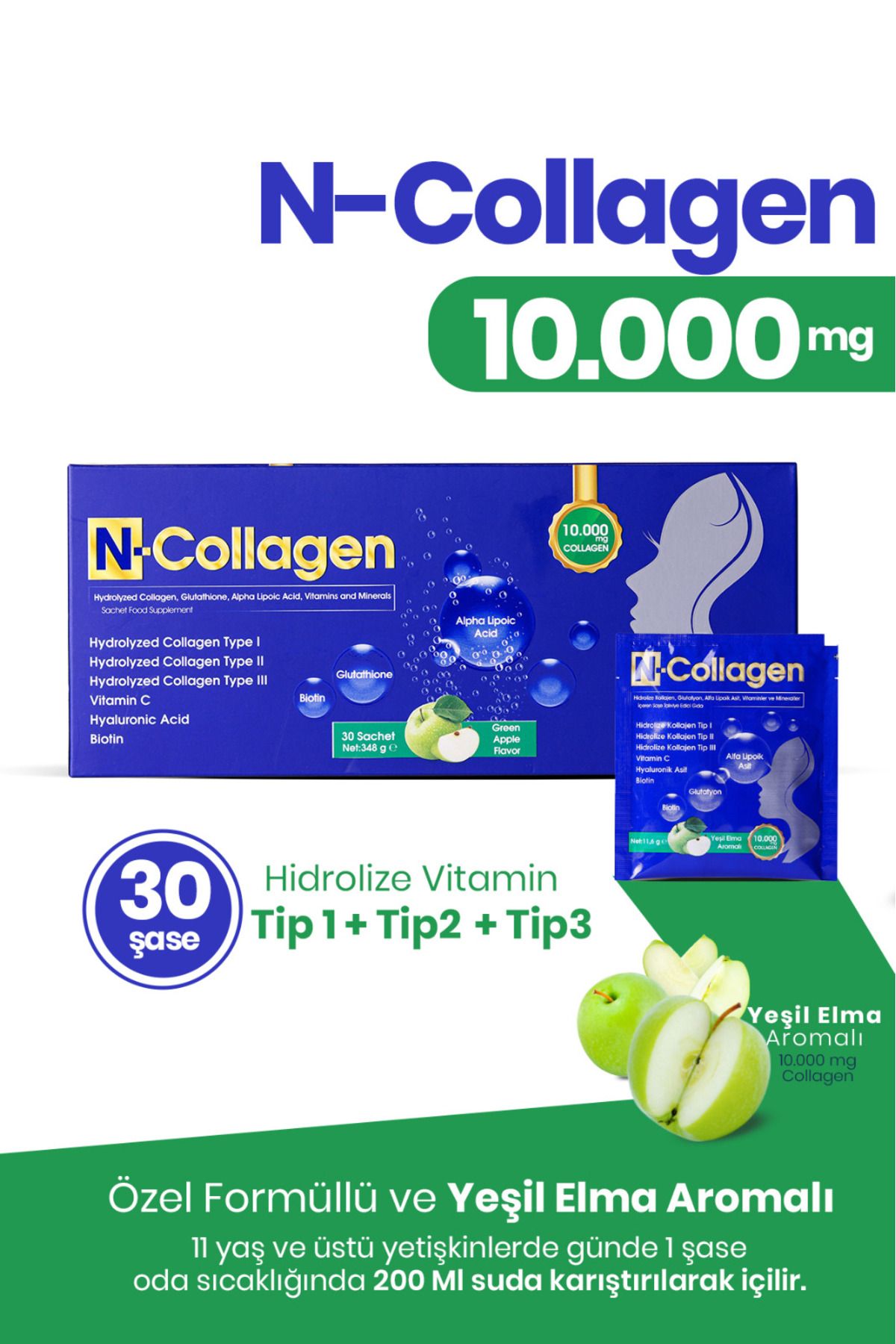 N-Collagen 30 Şase Kolajen, Kolay Çözünebilen, 10.000 Mg, Tip 1/2/3, Vitamin Mineral Içerir, Yeşil Elma Aromalı