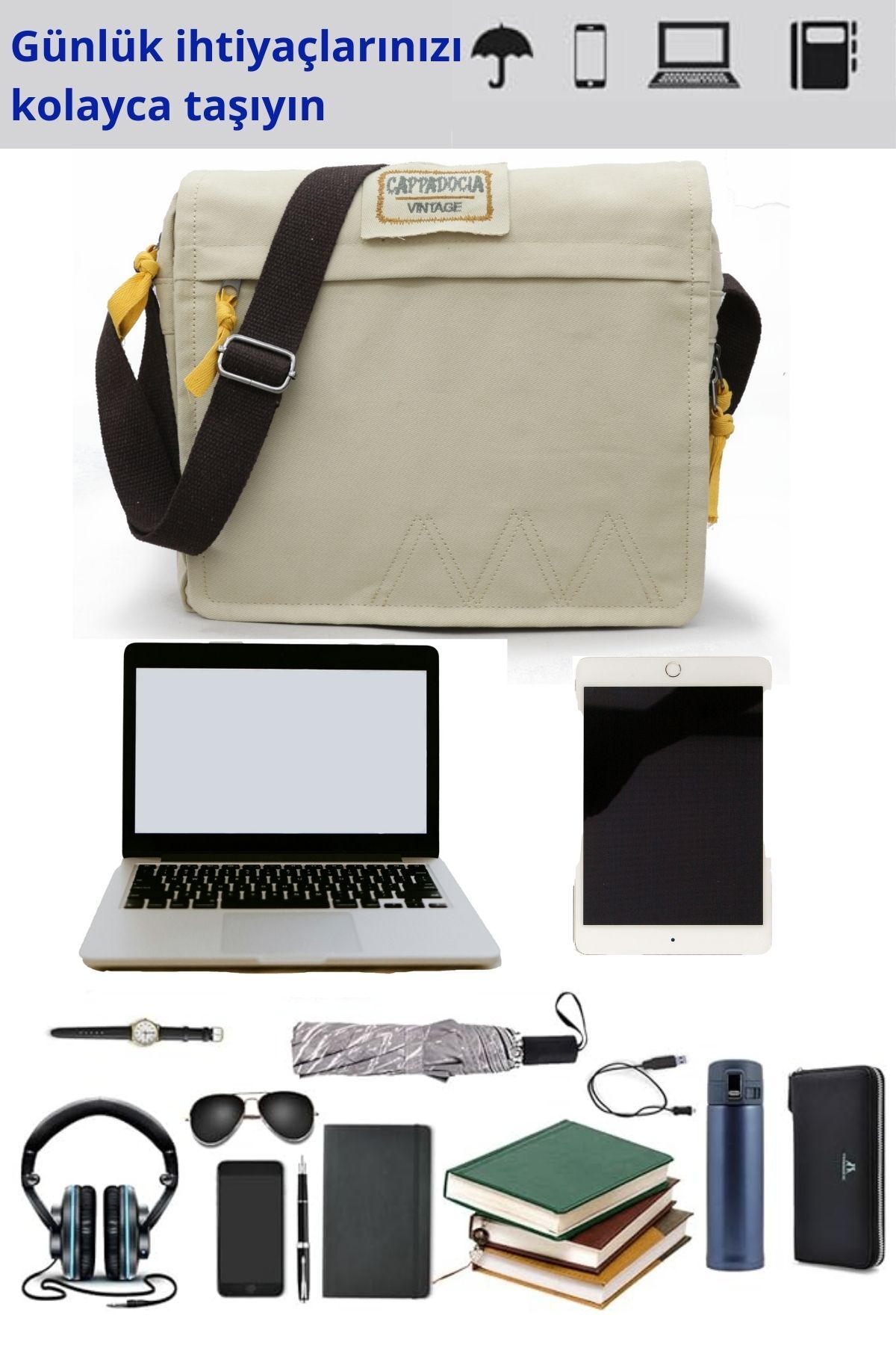 Cappadocia Vintage  4009 Ephesus Salaş Omuz Postacı Bej Krem 15.6 inç Laptop Okul Seyahat Günlük Vintage Pamuk Çanta - Görsel 6