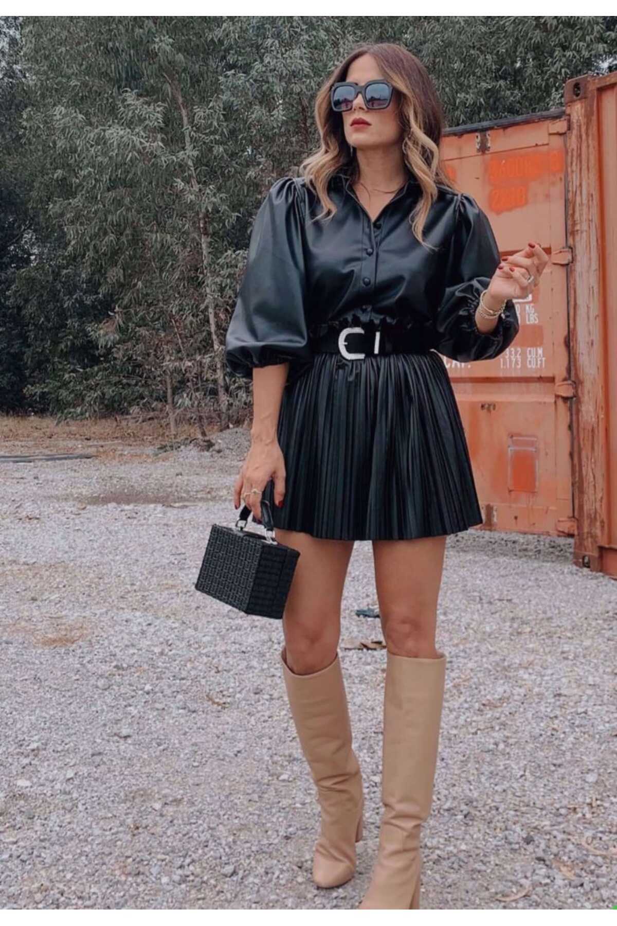 Fua Shop-Women's Pleated Elastic Waist Leather Shorts Skirt 2