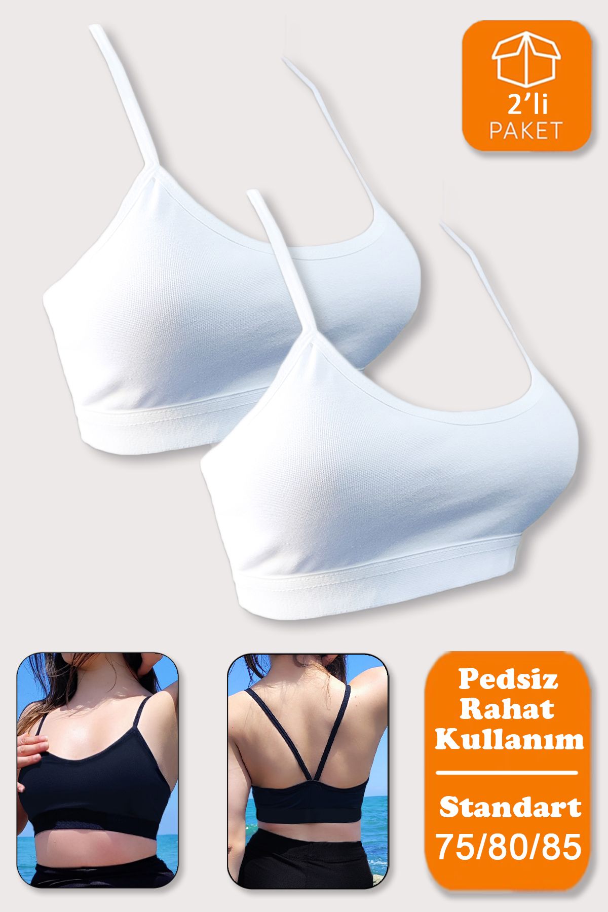 SHİBA Kadın Crop 2'li Paket Beyaz Pedsiz Spor Sütyeni Yarım Atlet