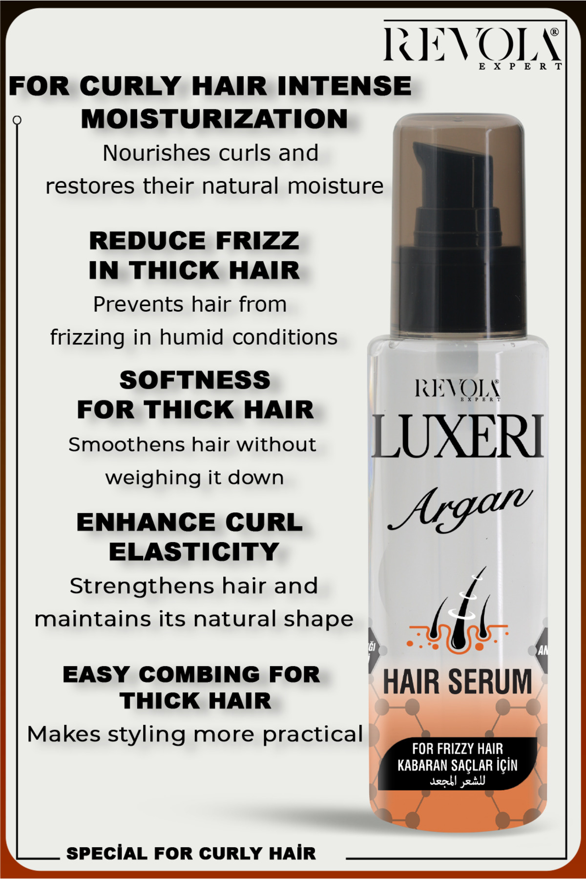 Luxeri Argan Saç Serumu kıvırcık saçları nemlendirir kabarmayı önler ve doğal bir görünüm kazandırır — تصویر 3 از 4