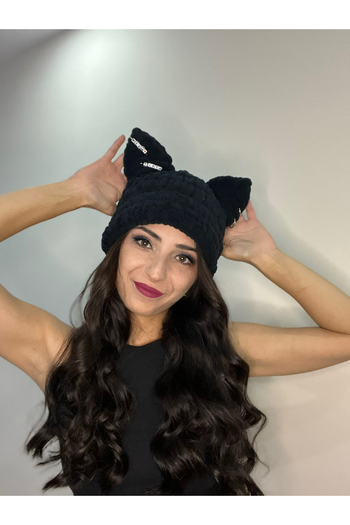 AidaAstrid Kedi Kulaklı Puffy Bere Gri El Örgüsü Kışlık Bere Şapka Hello Kitty görsel 5
