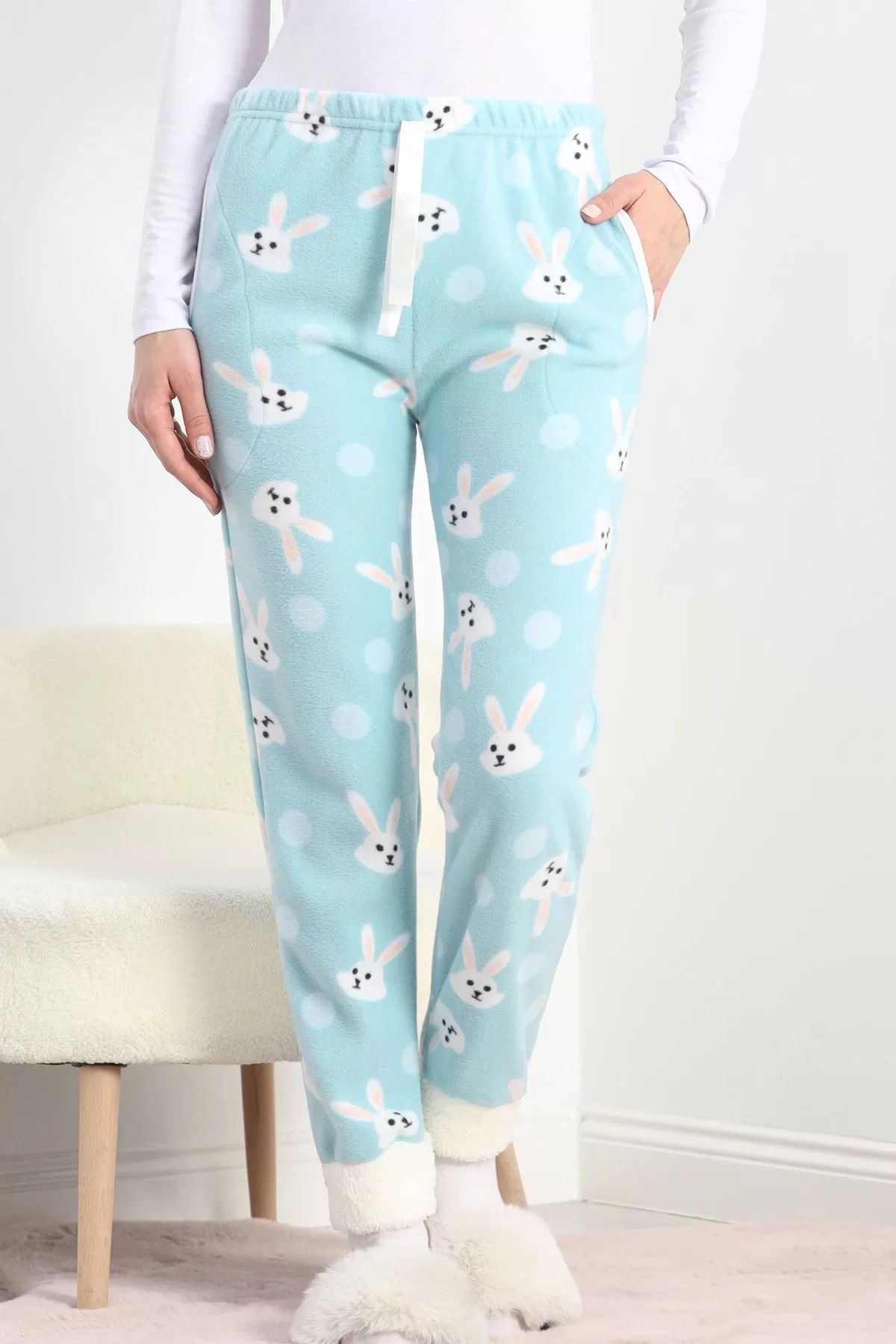 ceylinmoda Paçası Peluşlu Polar Cepli Pijama Altı Mint - 20581.1287.