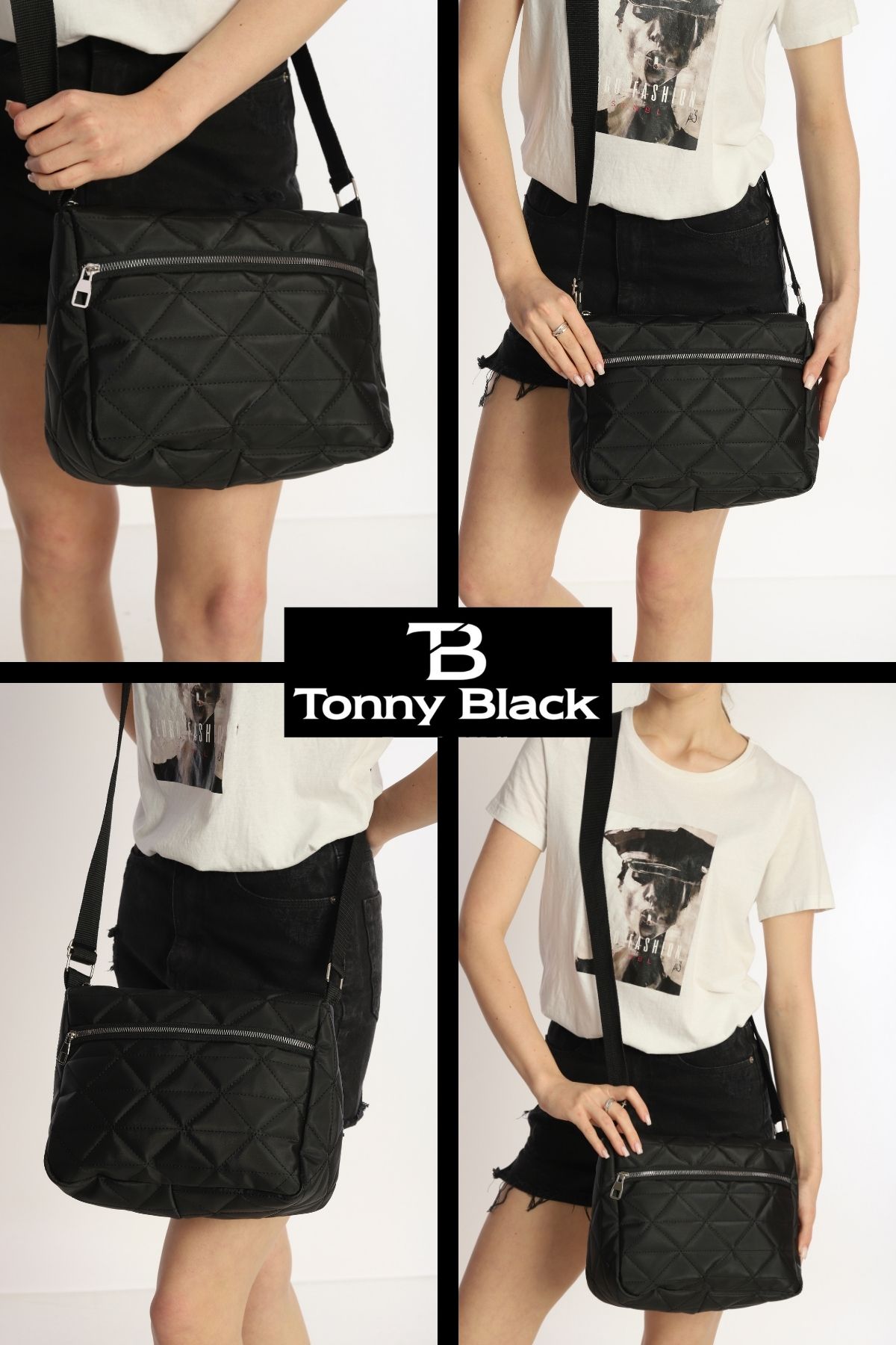 Tonny Black-Waterproof Quilted Shopper - Hand and Shoulder Bag for School and Sports with Cross Strap and Lining 2