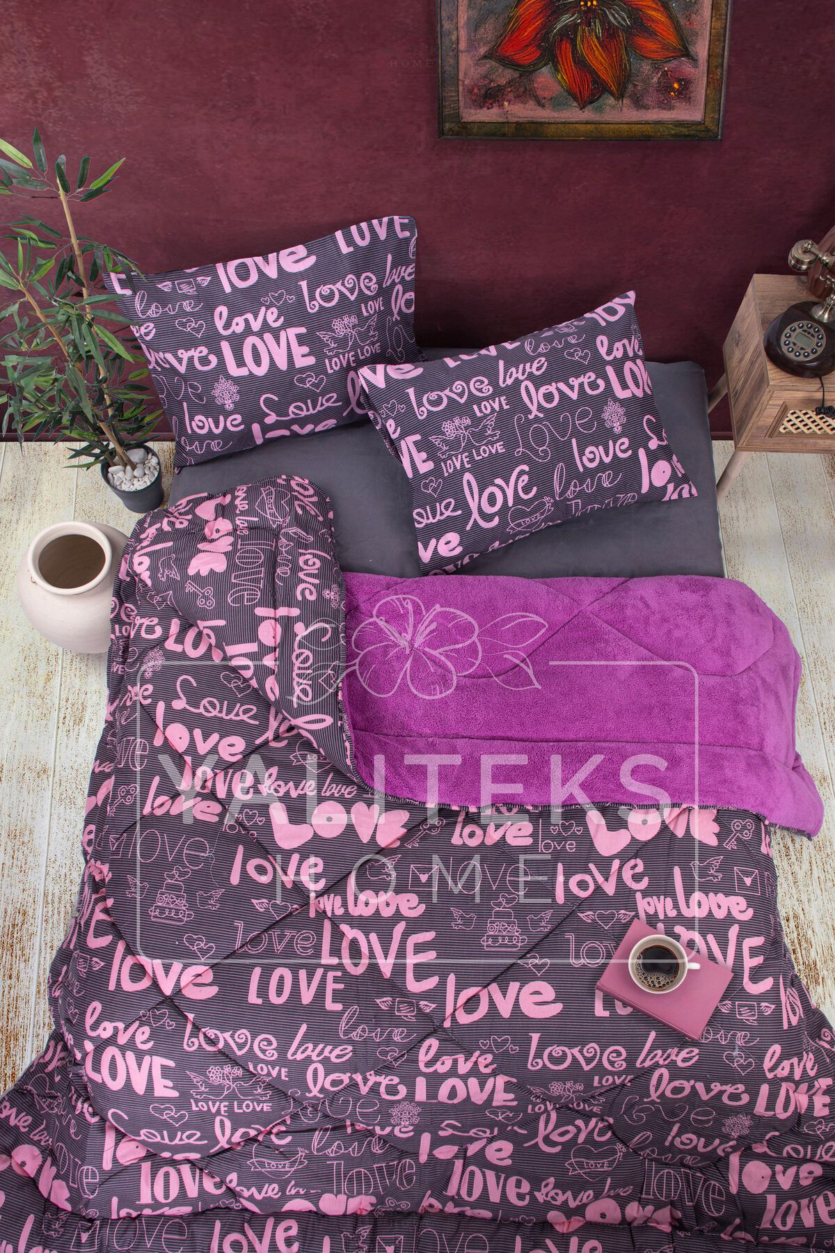 YALITEKS HOME Çift Kişilik Welsoft Çift Taraflı Lüks Yorgan ve Yastık Kılıfı - Love